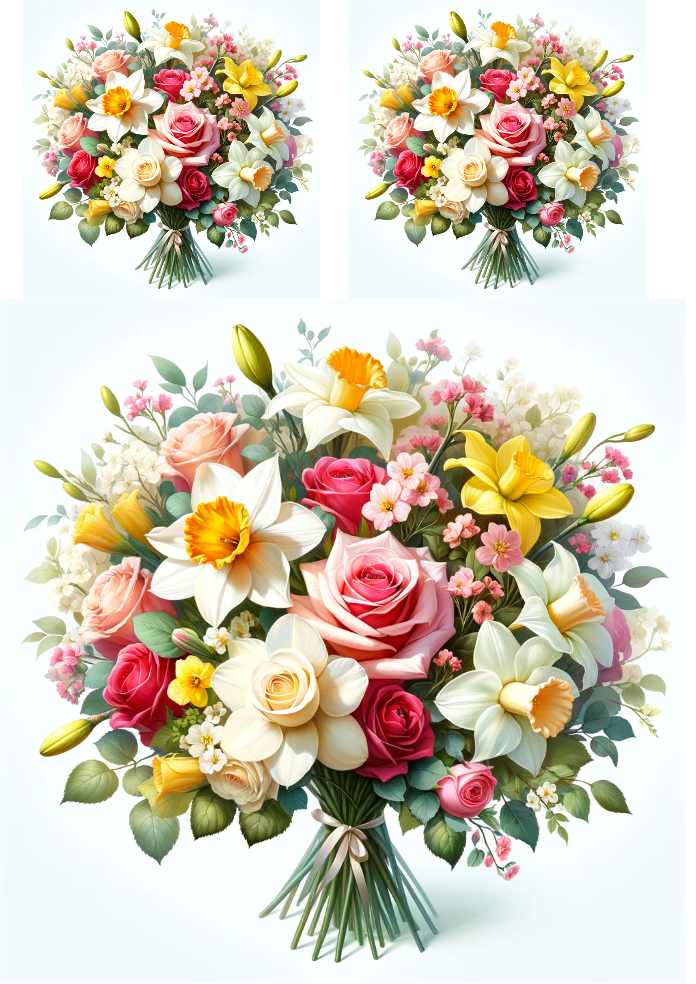 Sticker Sheet / Greeting Card – Bouquet of Roses, Narcissuses, Lilies Collage Cat No. 720