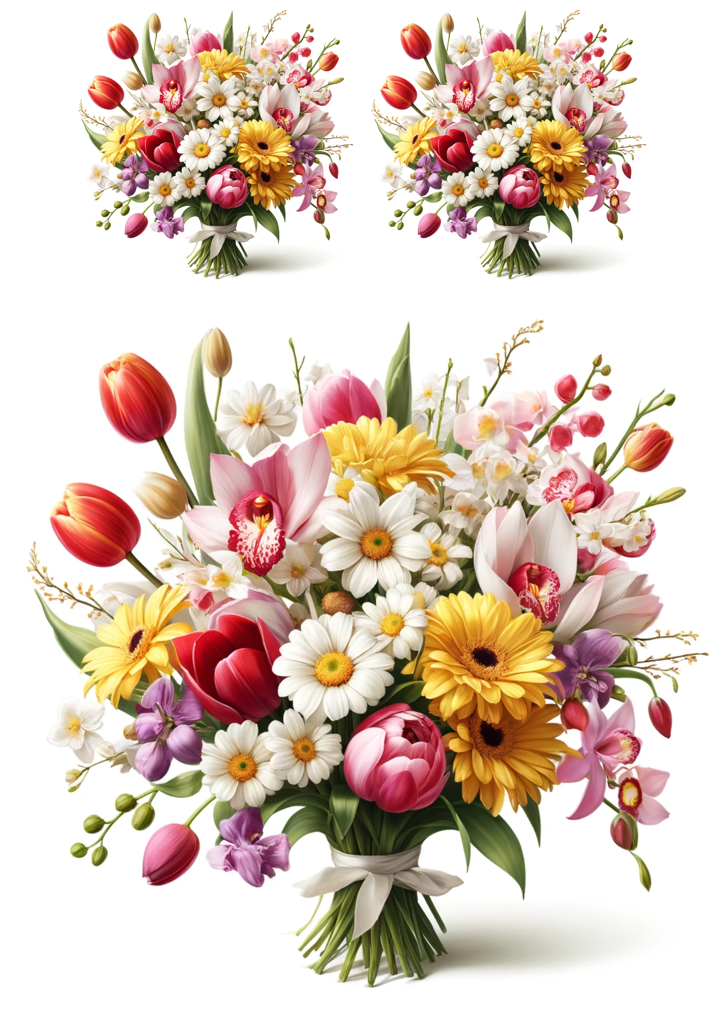 Sticker Sheet / Greeting Card – Bouquet of Tulips, Daisies, Orchids Collage Cat No. 732