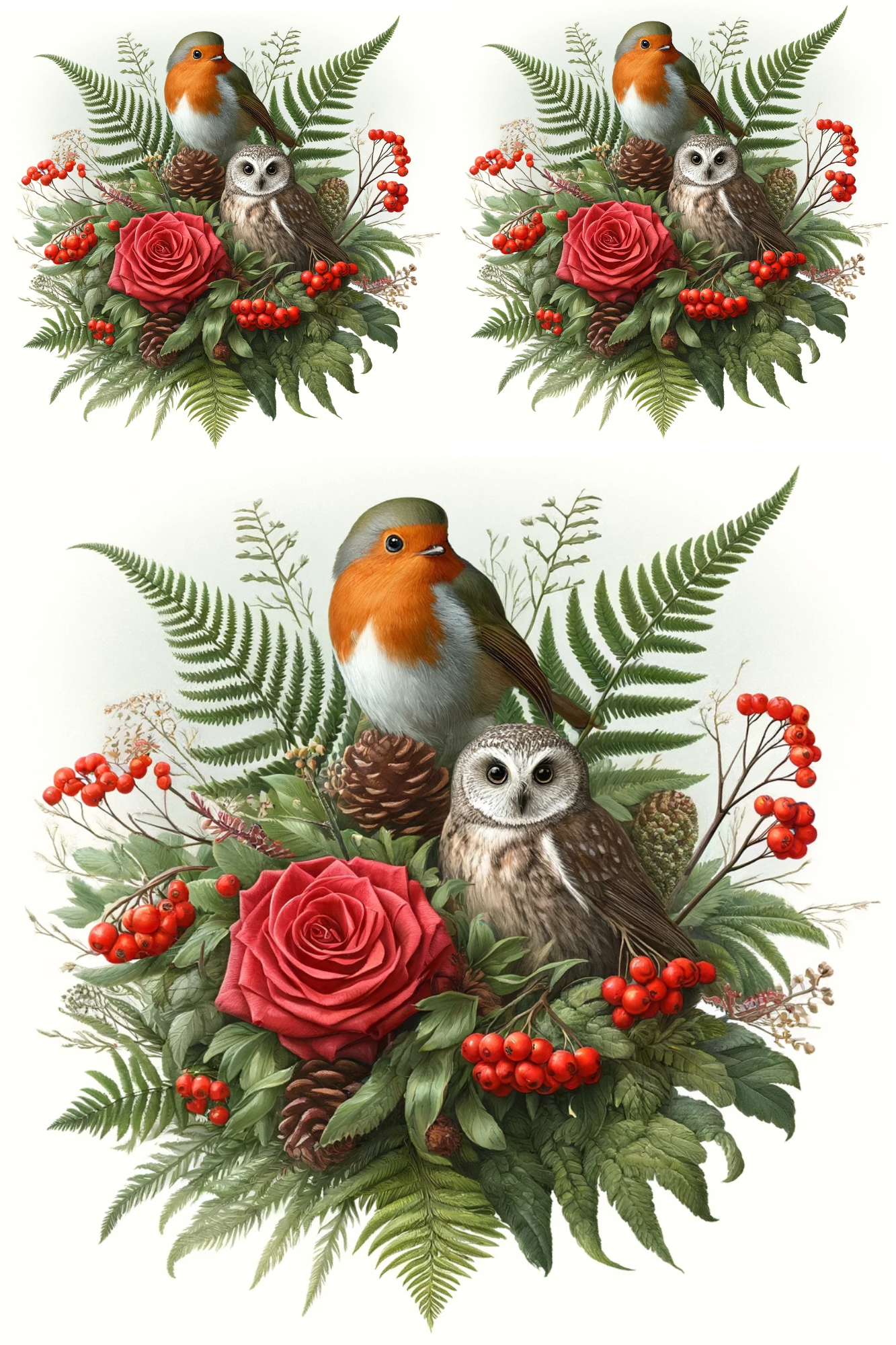 Sticker Sheet / Greeting Card – Winter Bouquet Robin And Owl Barn Owl Collage Cat. No. 449