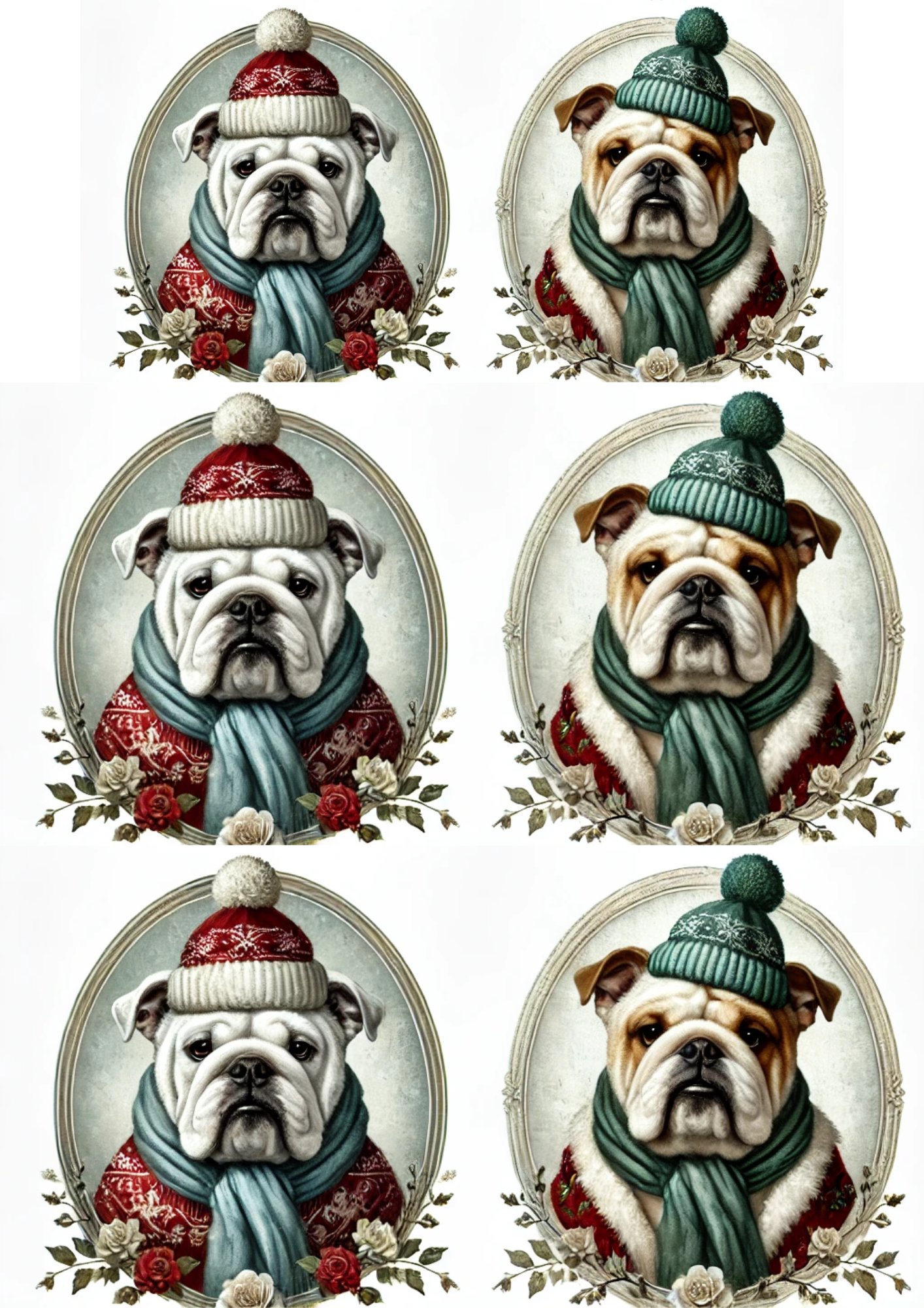 Sticker Sheet / Greeting Card – Bulldog In Christmas Hat In Ovals Full Cat. No. 2960