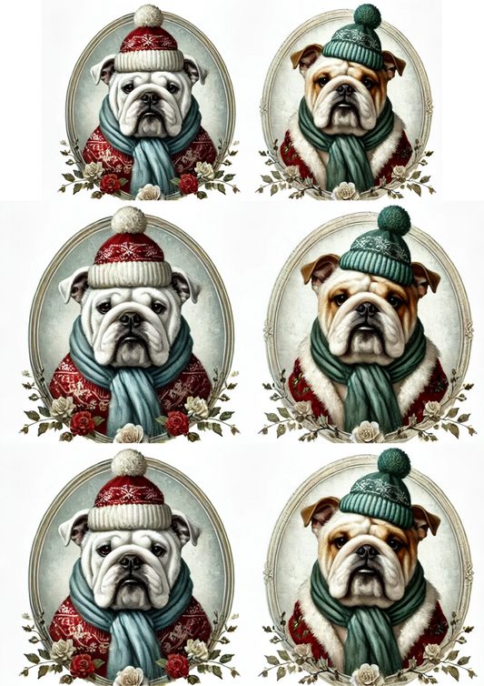 Sticker Sheet – Bulldog In Christmas Hat In Ovals Full Cat. No. 2960