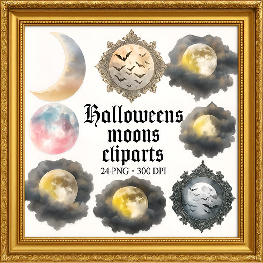 Halloween Moon Clipart β 24 PNG β Transparent β Watercolor Style β High Resolution β 300 DPI