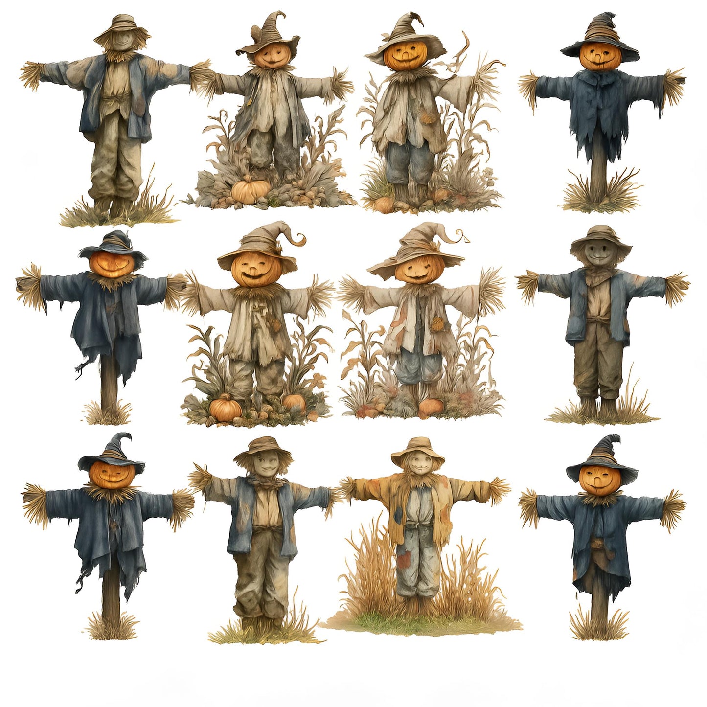 Halloween Scarecrow Clipart Set β 16 PNG β Transparent β Watercolor β High Resolution 300 DPI