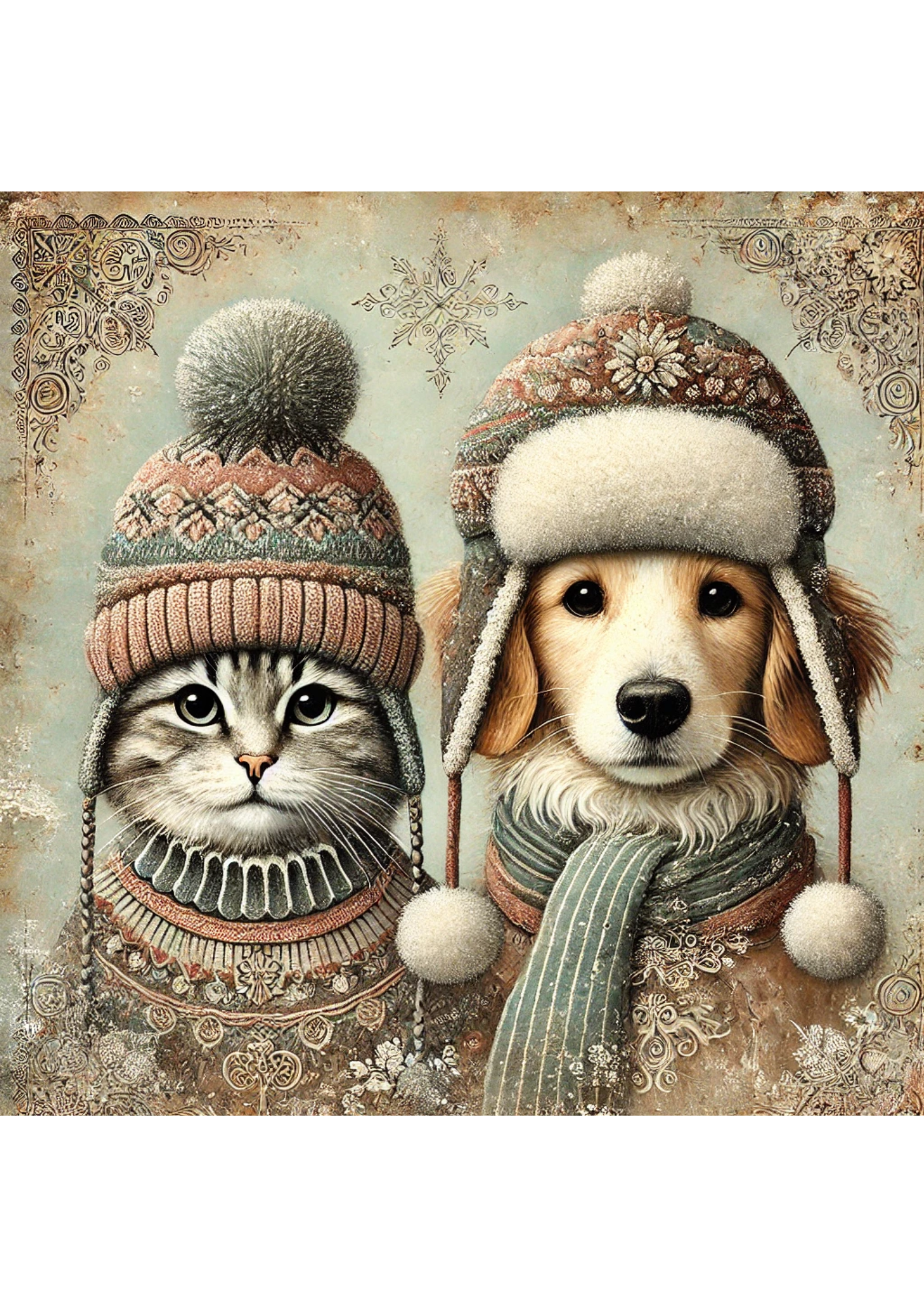 Sticker Sheet / Greeting Card – Cat and Dog in Hats Full Cat. No. 1782