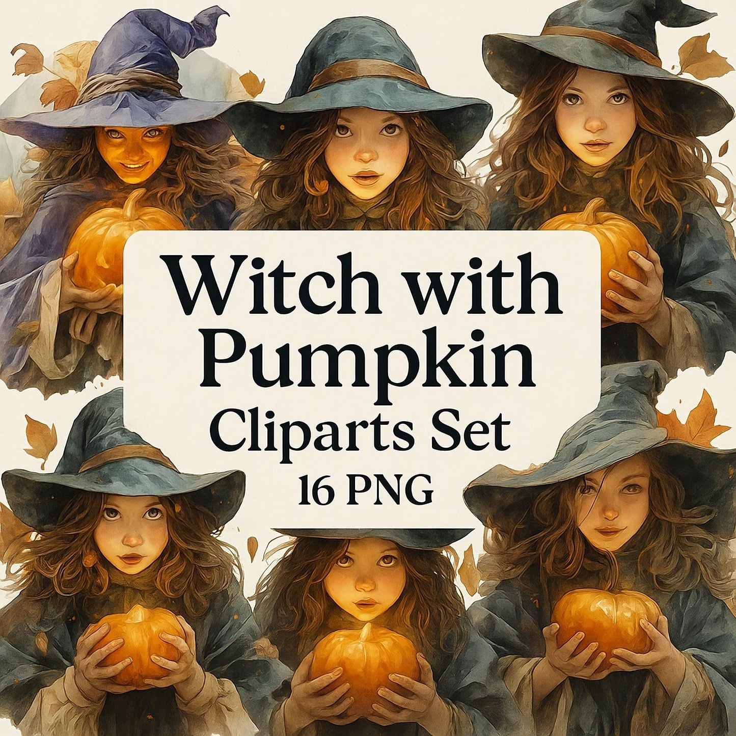 Witch with Pumpkin Clipart: Watercolor Halloween PNG Bundle (Digital Download)