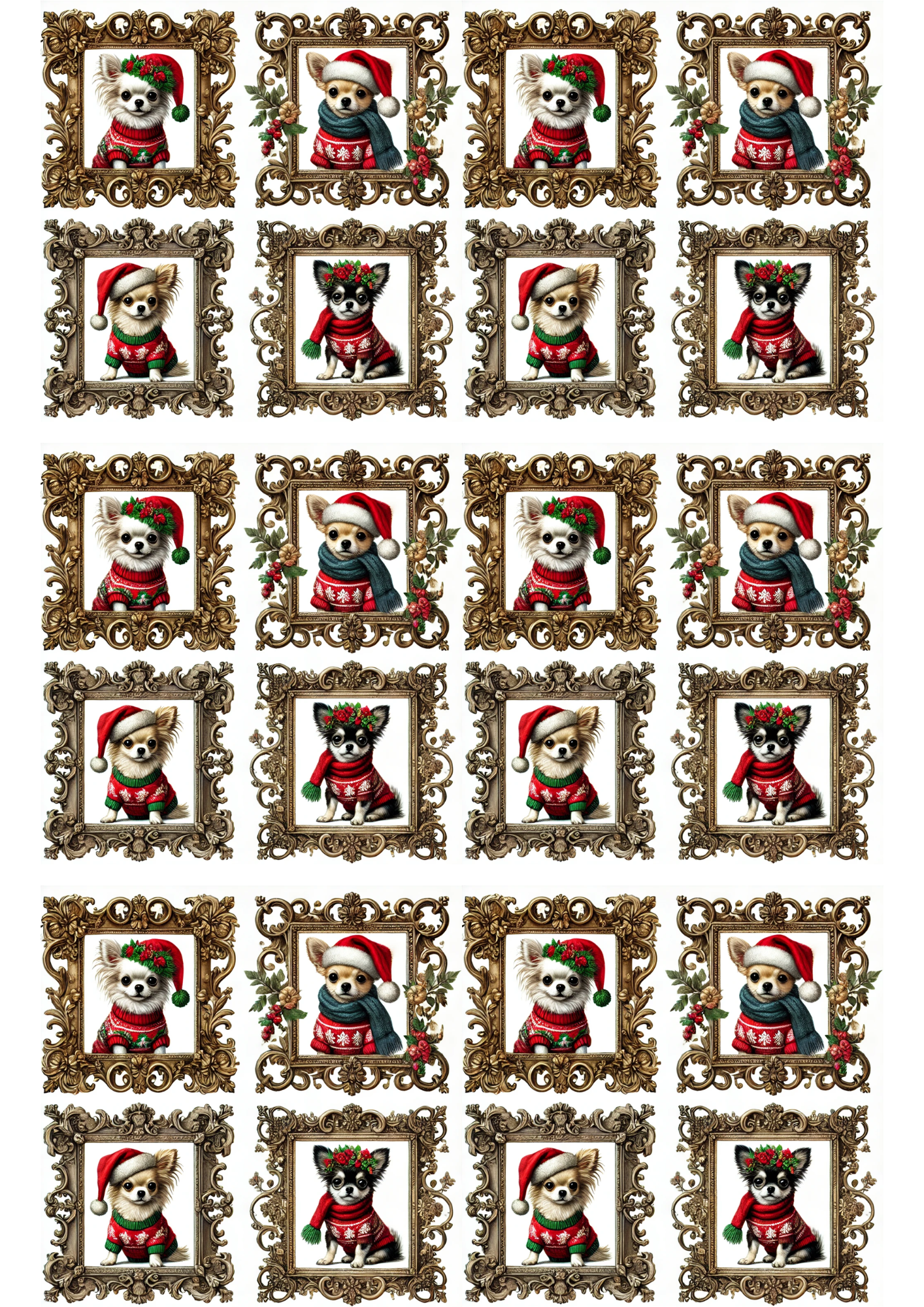 Sticker Sheet / Greeting Card – Chihuahuas In Christmas Hats Collage Cat. No. 2965