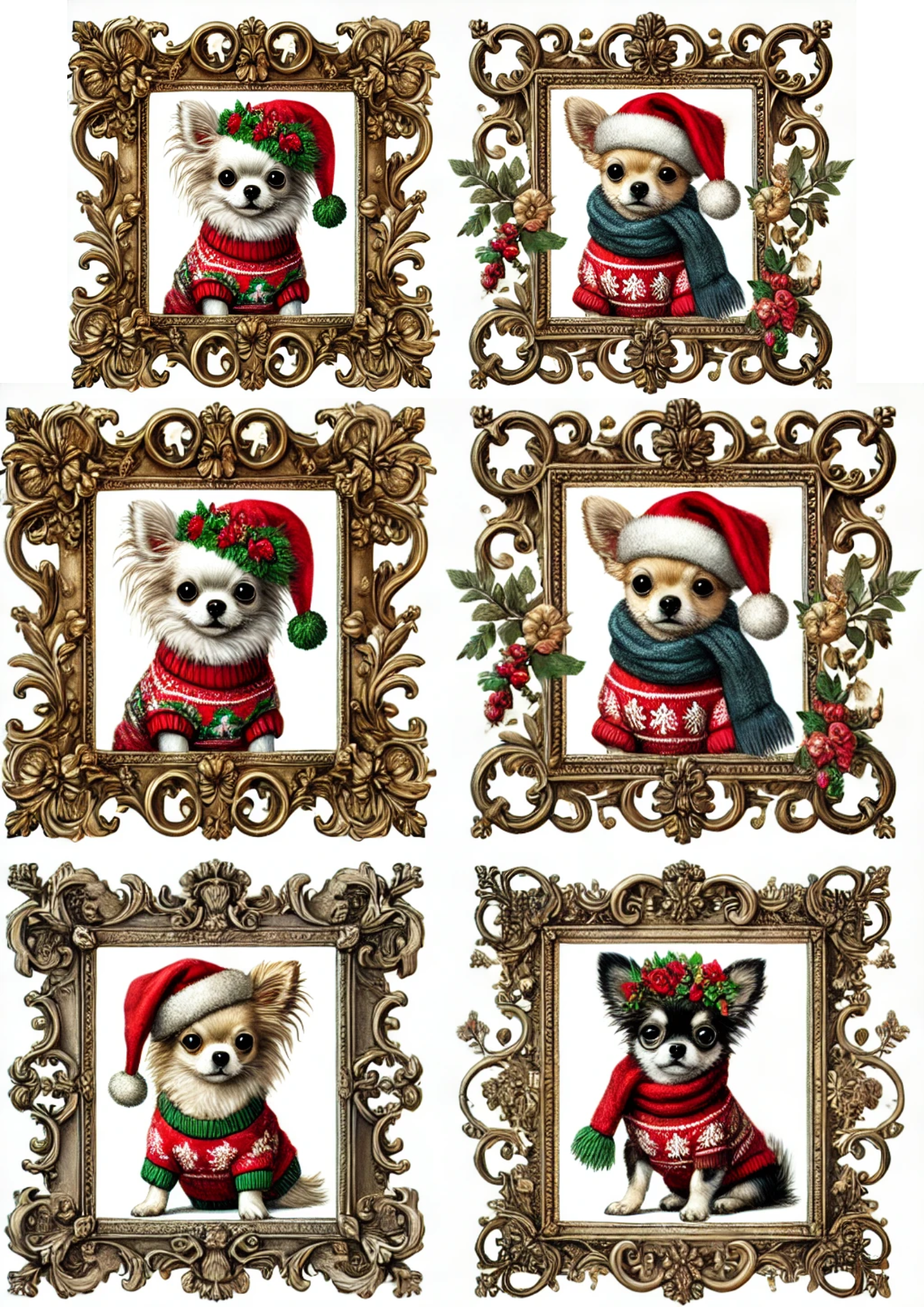 Sticker Sheet / Greeting Card – Chihuahuas In Christmas Hats Full Cat. No. 2966