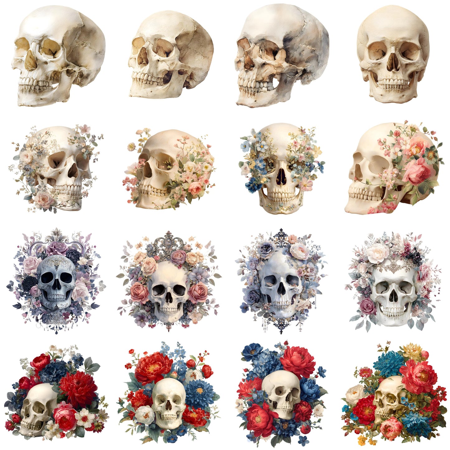 Skull Clipart Set ā 16 PNG ā Transparent Background ā Watercolor Halloween Graphics ā High Resolution 300 DPI