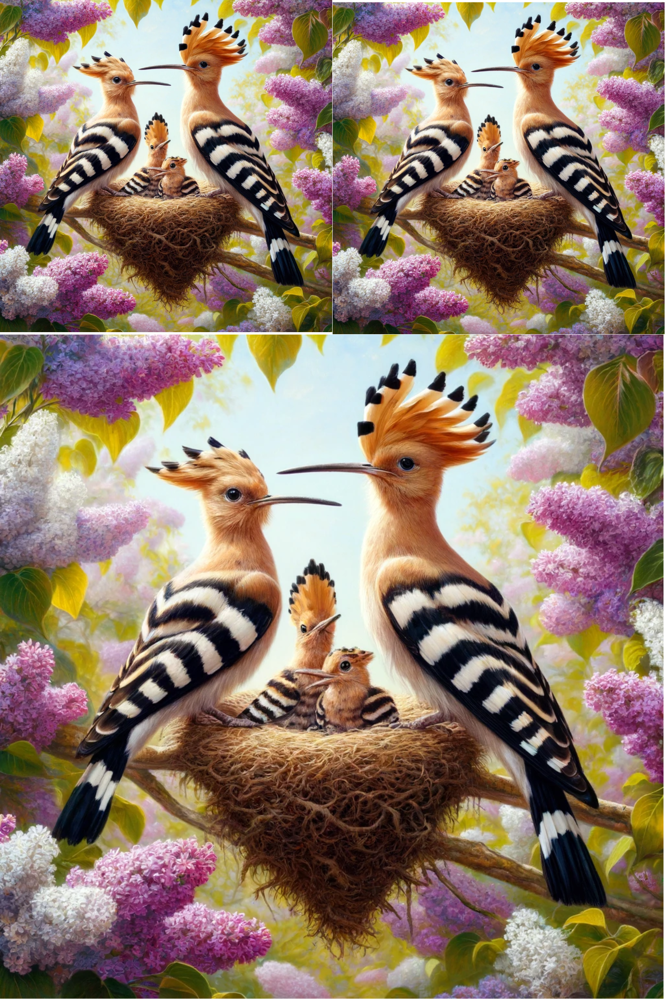 Sticker Sheet / Greeting Card – Hoopoes In A Nest On A Lilac Twig Collage Cat. No. 463