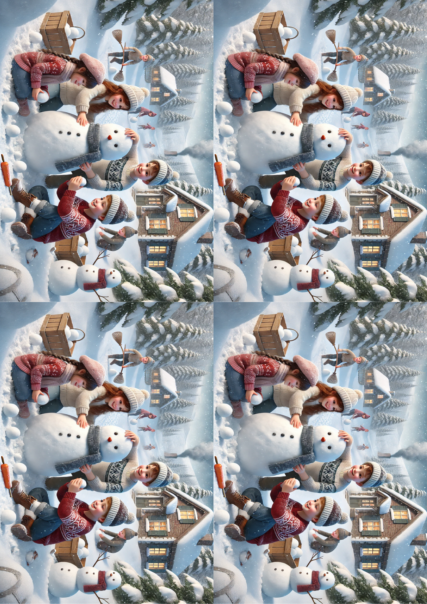 Sticker Sheet / Greeting Card – Children Make Snowman Realistic Collage Cat. No. 1510