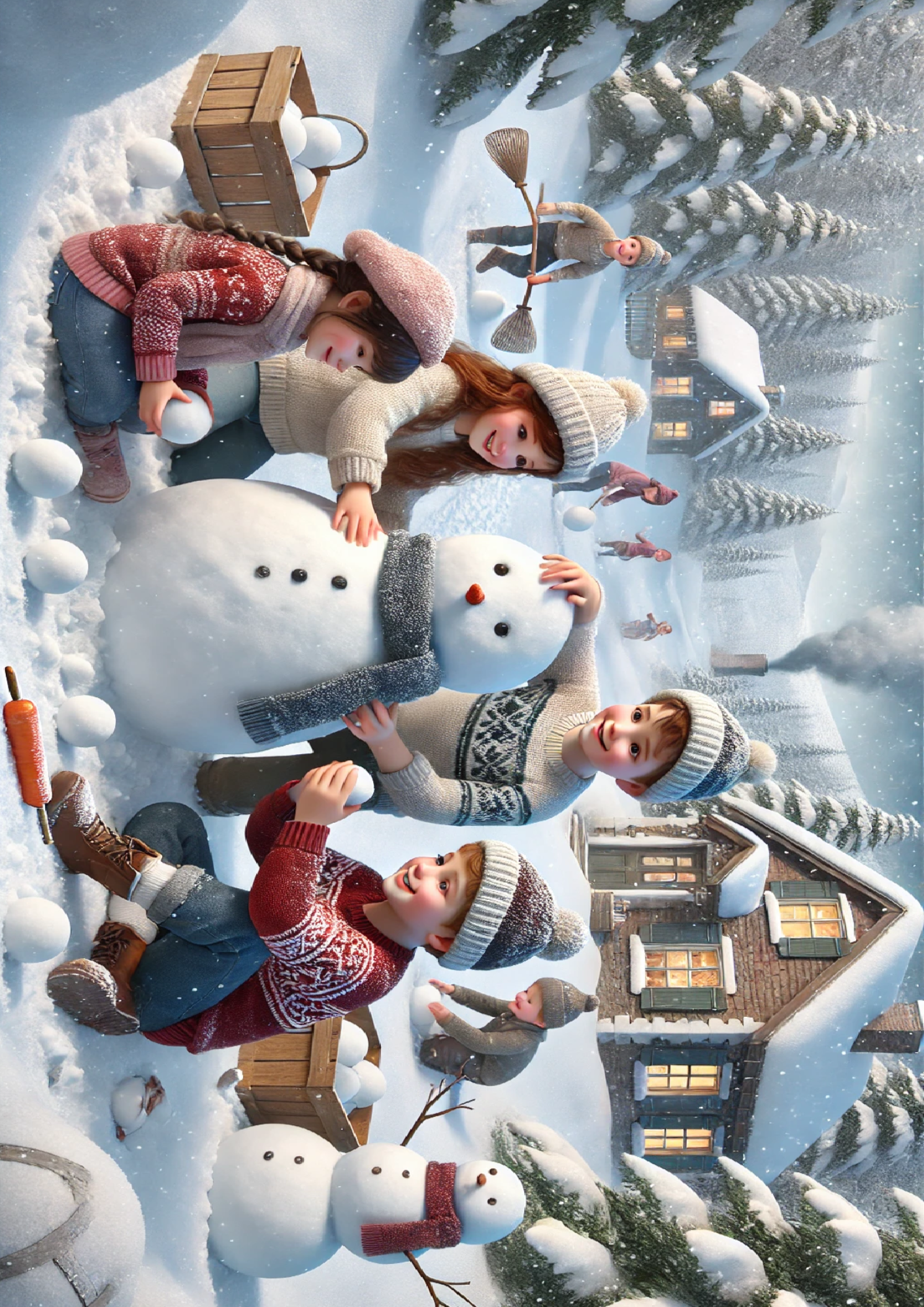 Sticker Sheet / Greeting Card – Children Make Snowman Realistic Full Cat. No. 1511