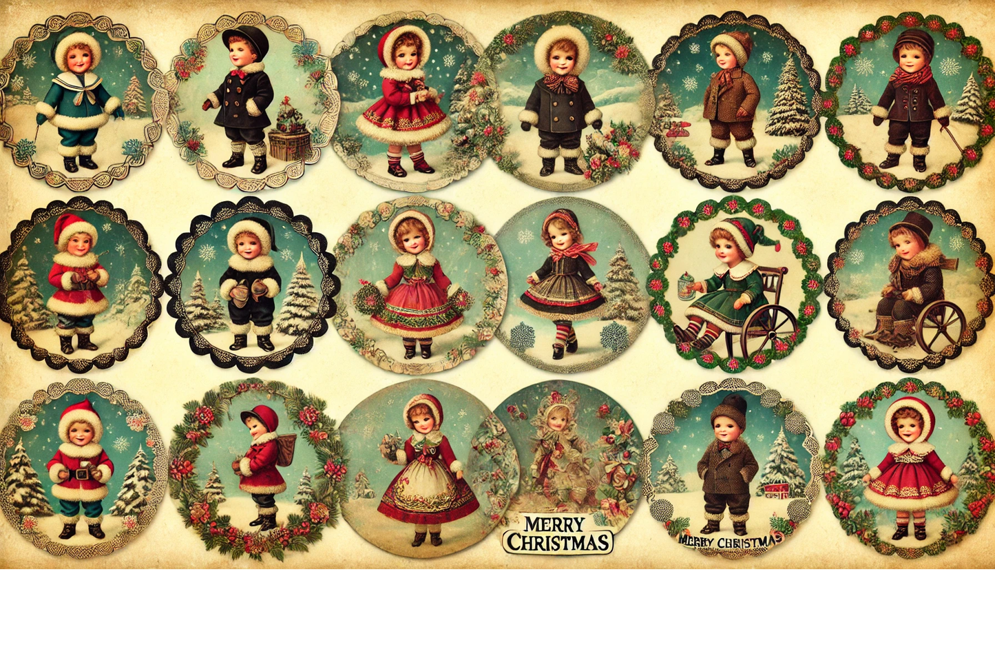 Sticker Sheet / Greeting Card – Children On Christmas Bauble Collage Cat. No. 1427