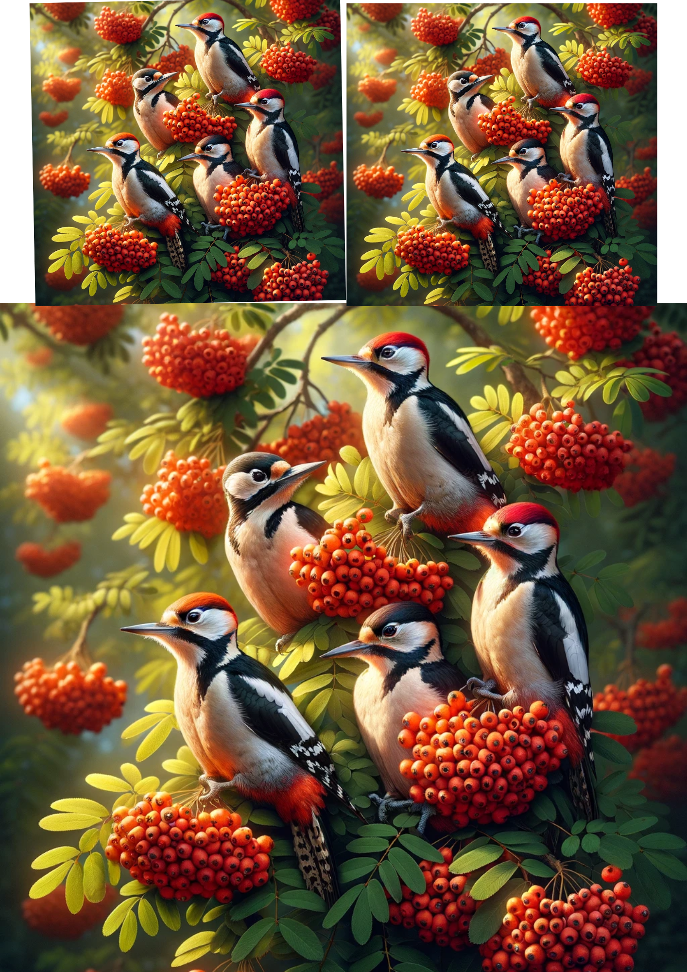 Sticker Sheet / Greeting Card – Woodpecker On Rowan Tree Collage Cat. No. 555