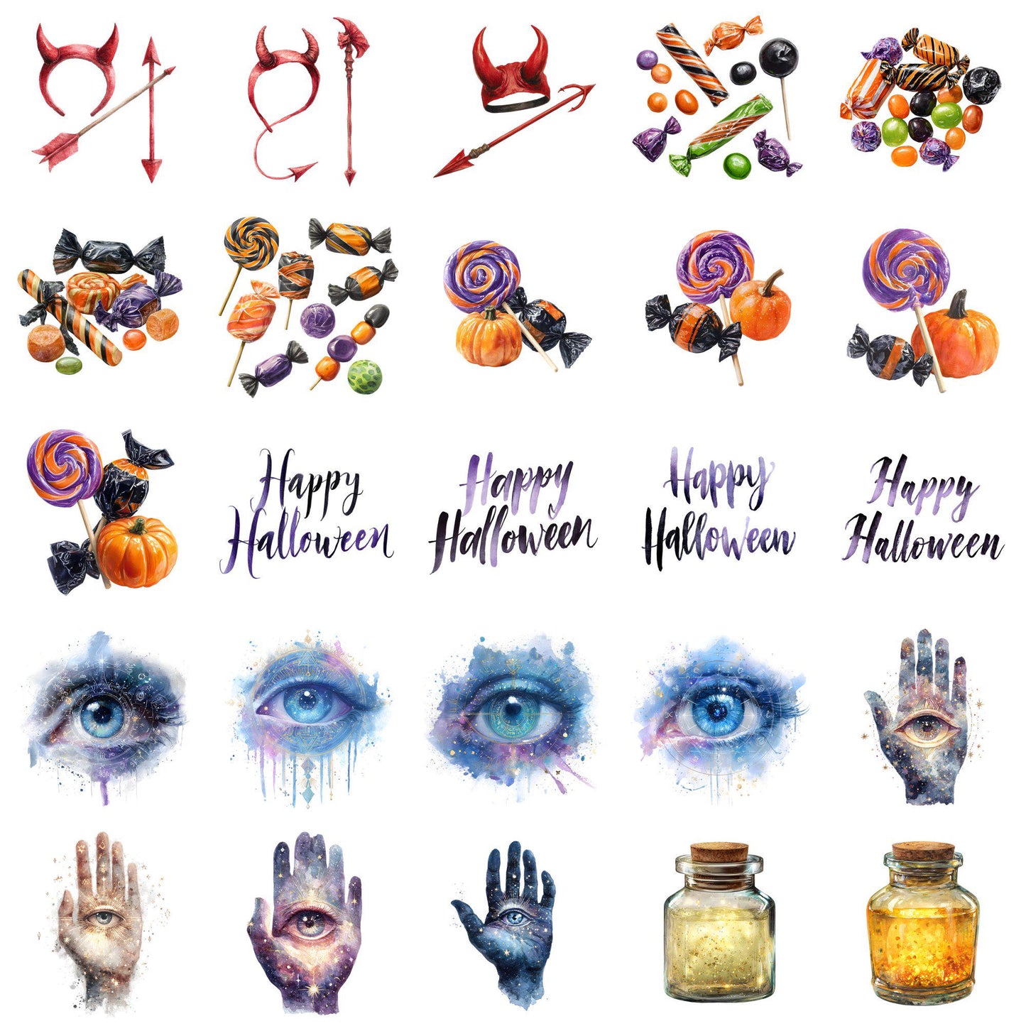Watercolor Halloween Clipart Bundle: 70 PNG Additional Elements (Digital Download)