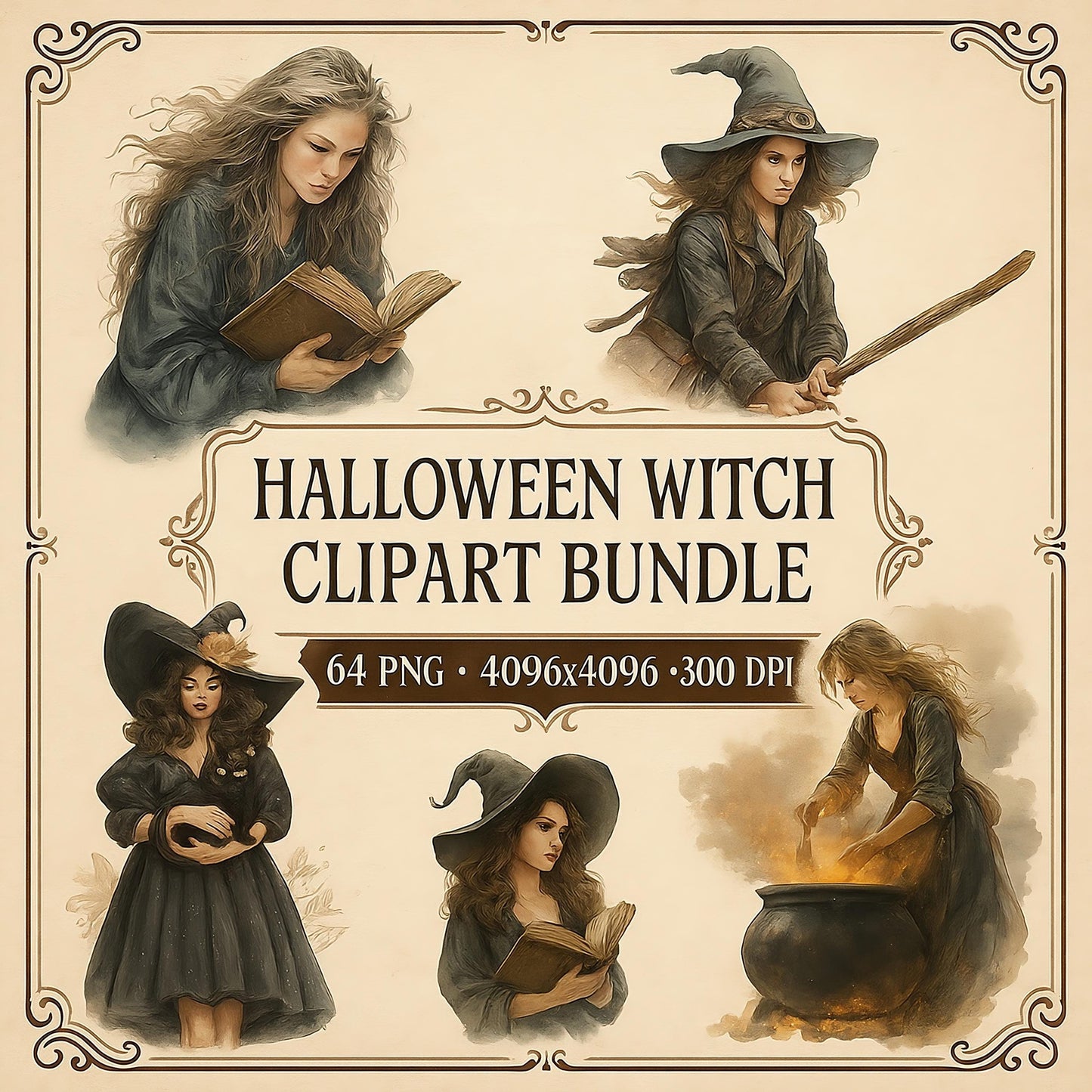 Watercolor Witch 64 PNG Clipart Bundle: Halloween PNG Graphics (Digital Download)
