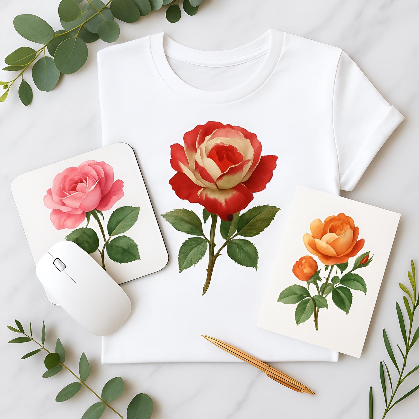 Watercolor Roses Clipart Set: 48 PNG Designs with Transparent Background