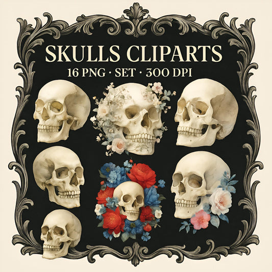 Skull Clipart Set β 16 PNG β Transparent Background β Watercolor Halloween Graphics β High Resolution 300 DPI