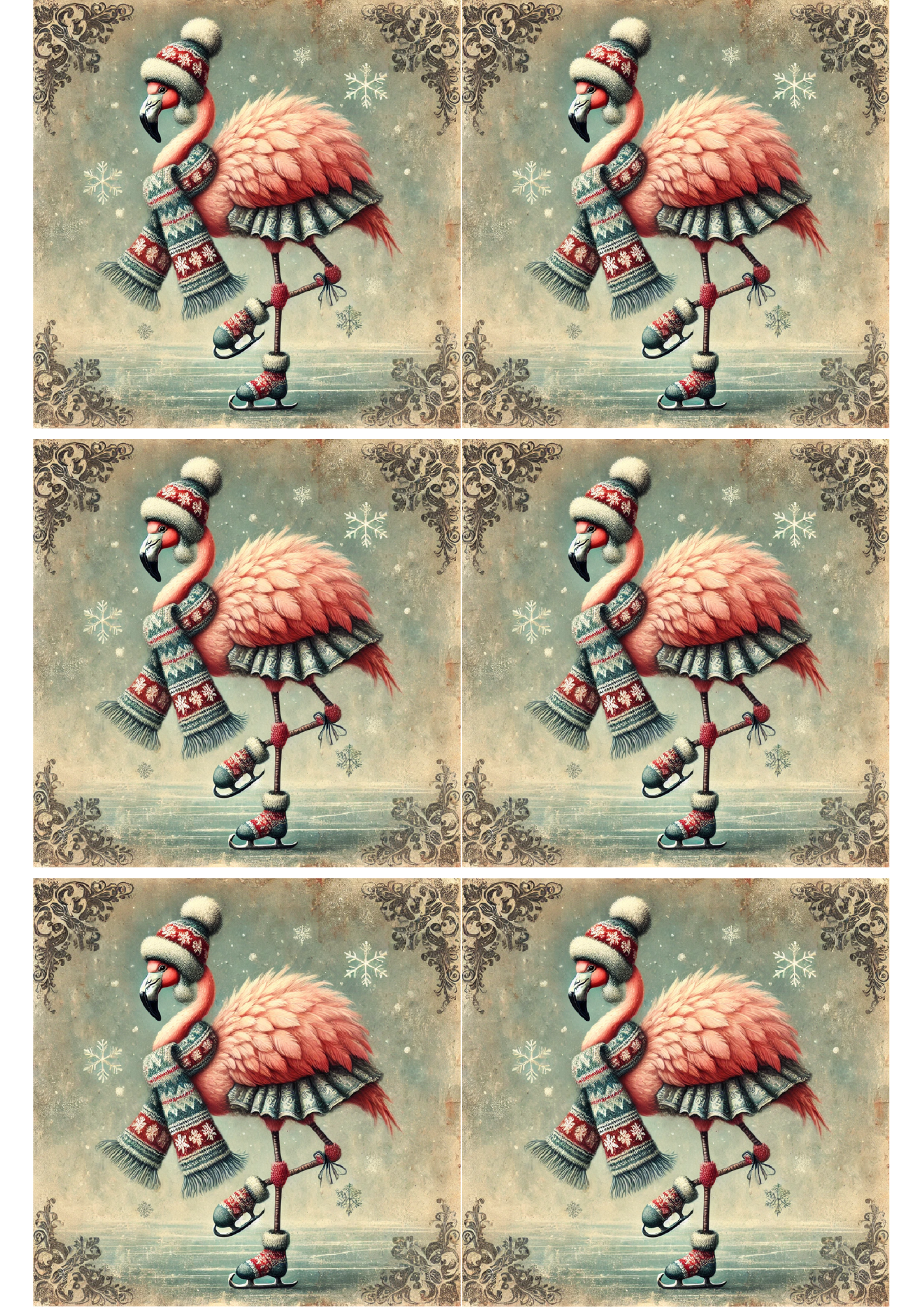 Sticker Sheet / Greeting Card – Flamingo Skating Vintage Collage Cat. No. 1668