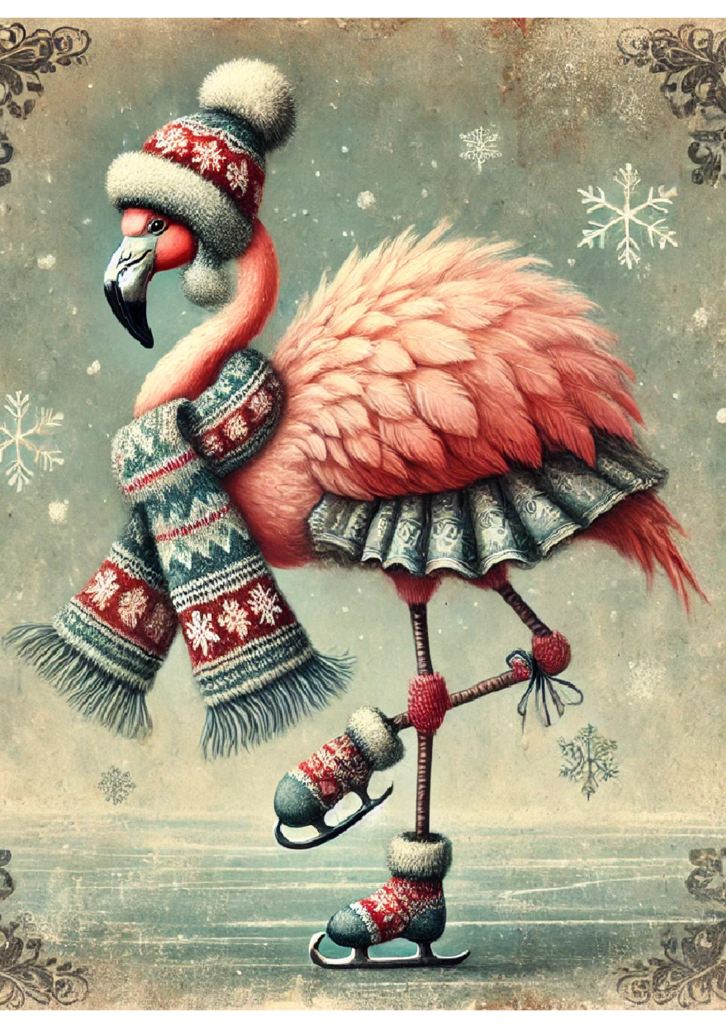 Sticker Sheet / Greeting Card – Flamingo Skating Vintage Full Cat. No. 1669