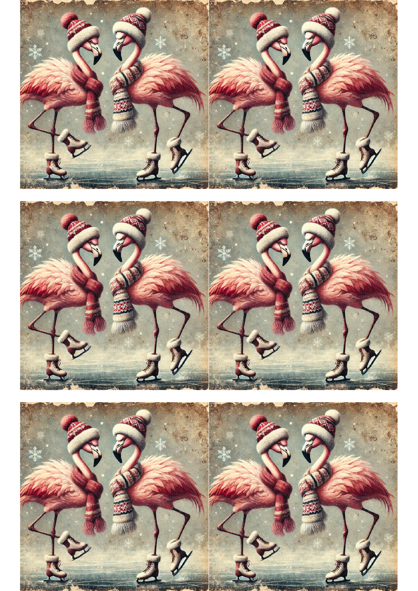 Sticker Sheet / Greeting Card – Flamingos Skating in Winter Collage Cat. No. 1674