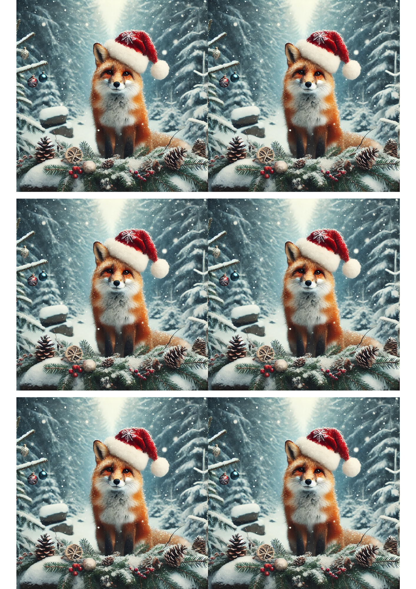 Sticker Sheet / Greeting Card – Fox In Christmas Hat Collage Cat. No. 1898