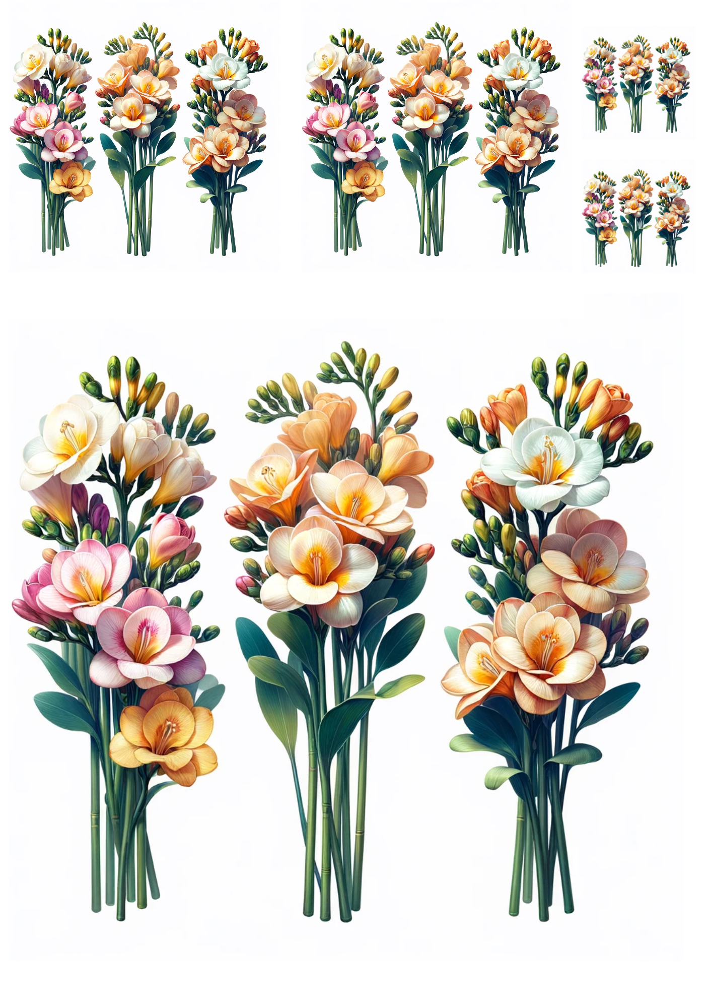 Sticker Sheet / Greeting Card – Freesias Three Bouquets Collage Cat No. 1031
