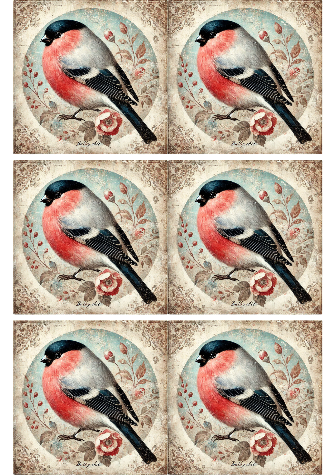 Sticker Sheet / Greeting Card – Bird Bullfinch Shabby Chic Collage Cat. No. 1906
