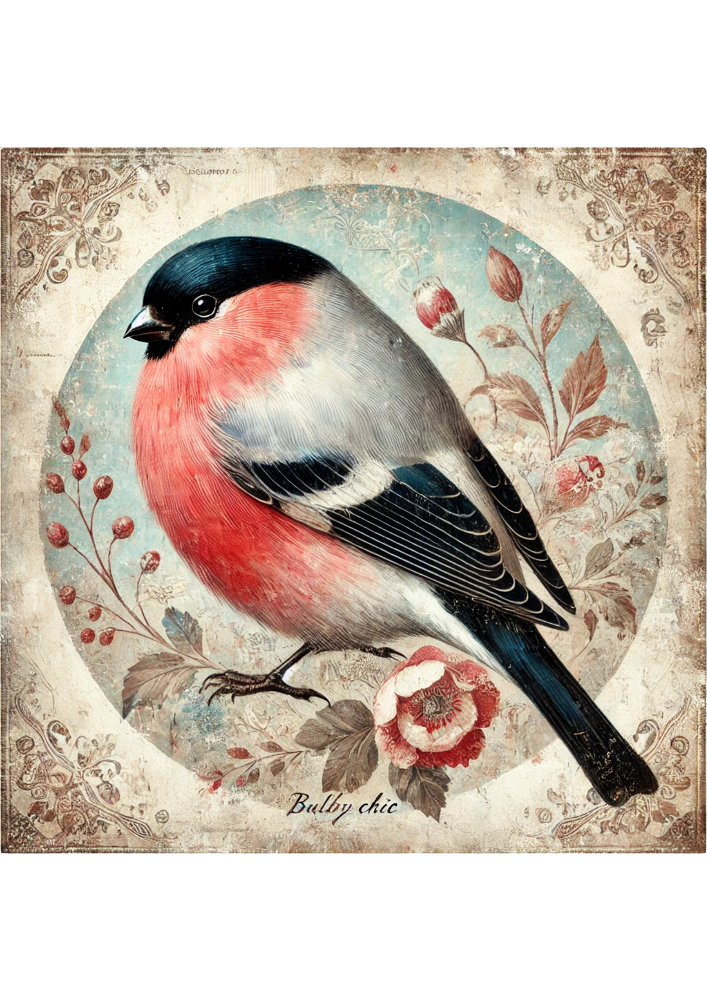 Sticker Sheet / Greeting Card – Bird Bullfinch Shabby Chic Full Cat. No. 1907