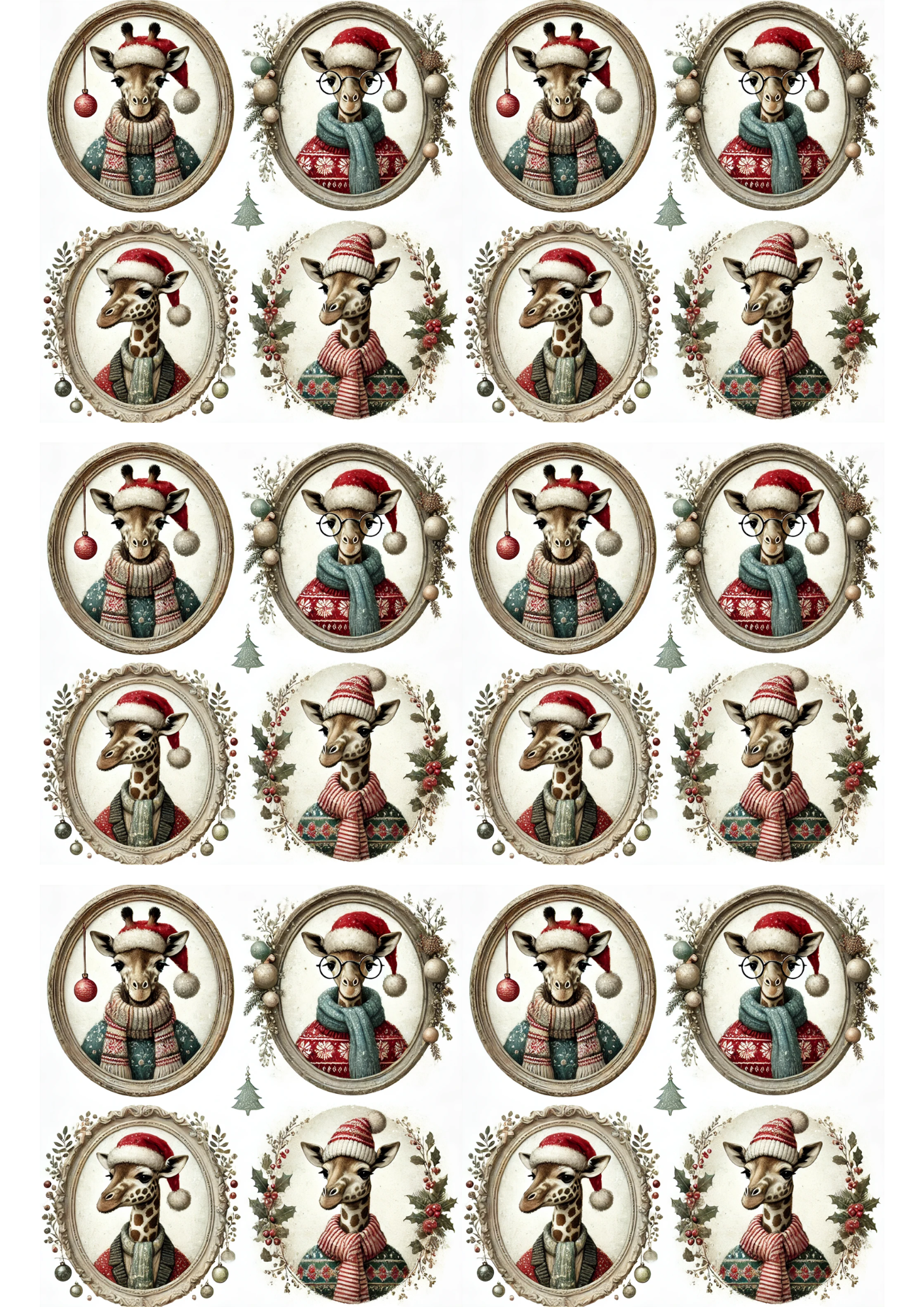 Sticker Sheet / Greeting Card – Giraffes In Christmas Hats In Ovals Collage Cat. No. 2999