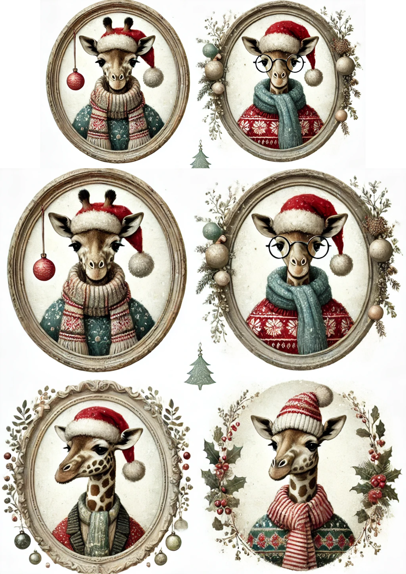 Sticker Sheet / Greeting Card – Giraffes In Christmas Hats In Ovals Full Cat. No. 3000