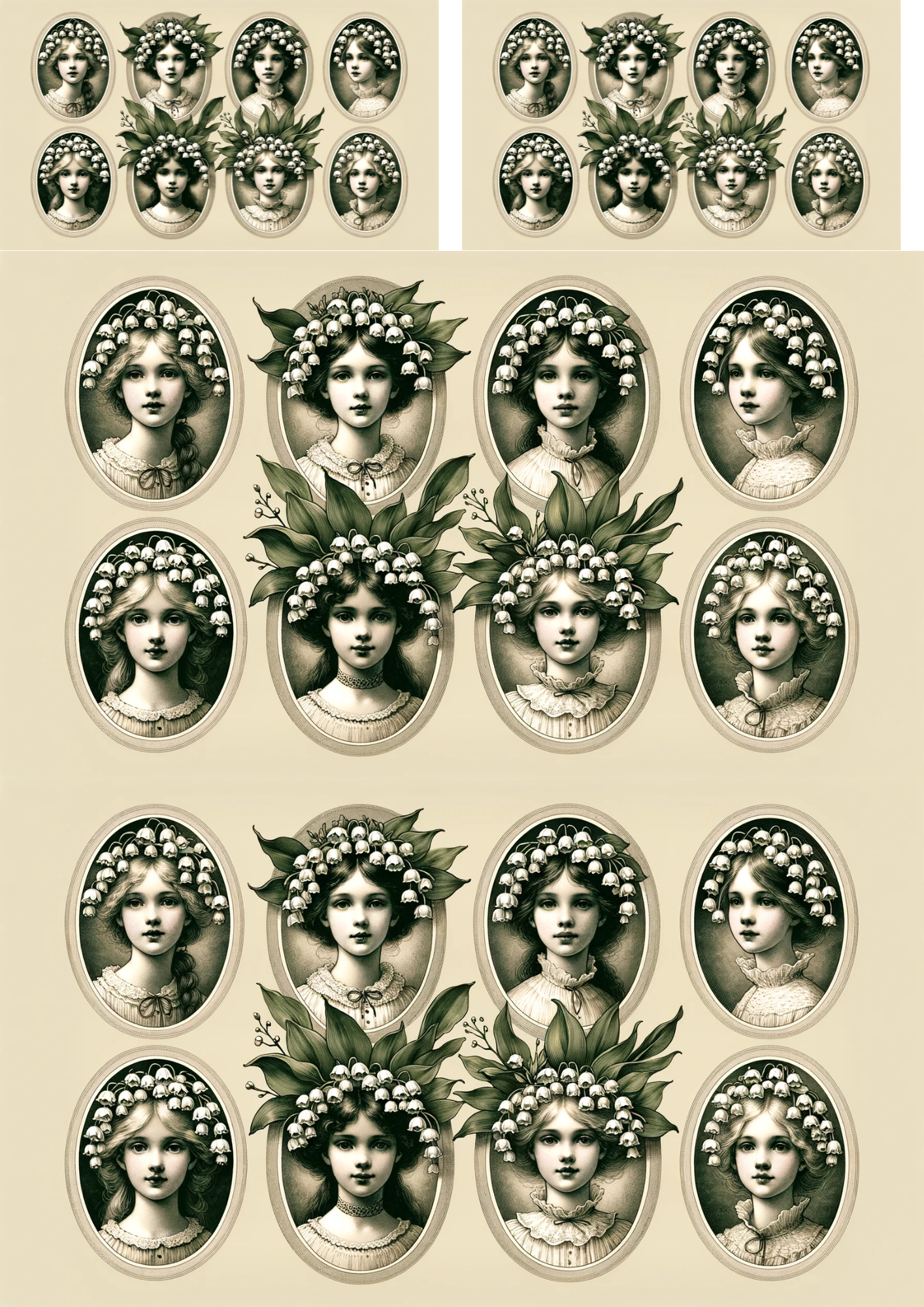 Sticker Sheet – Girls' heads in lilies of the valley, Oval Collage, Cat. No. 125