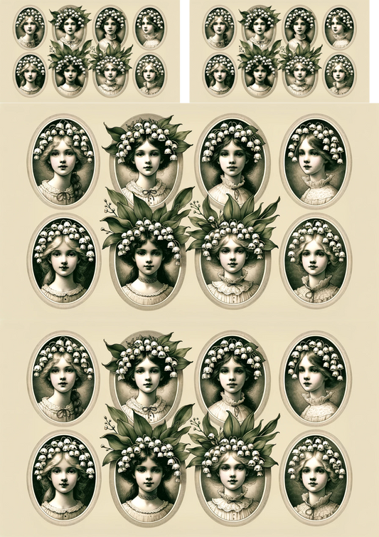 Sticker Sheet – Girls' heads in lilies of the valley, Oval Collage, Cat. No. 125