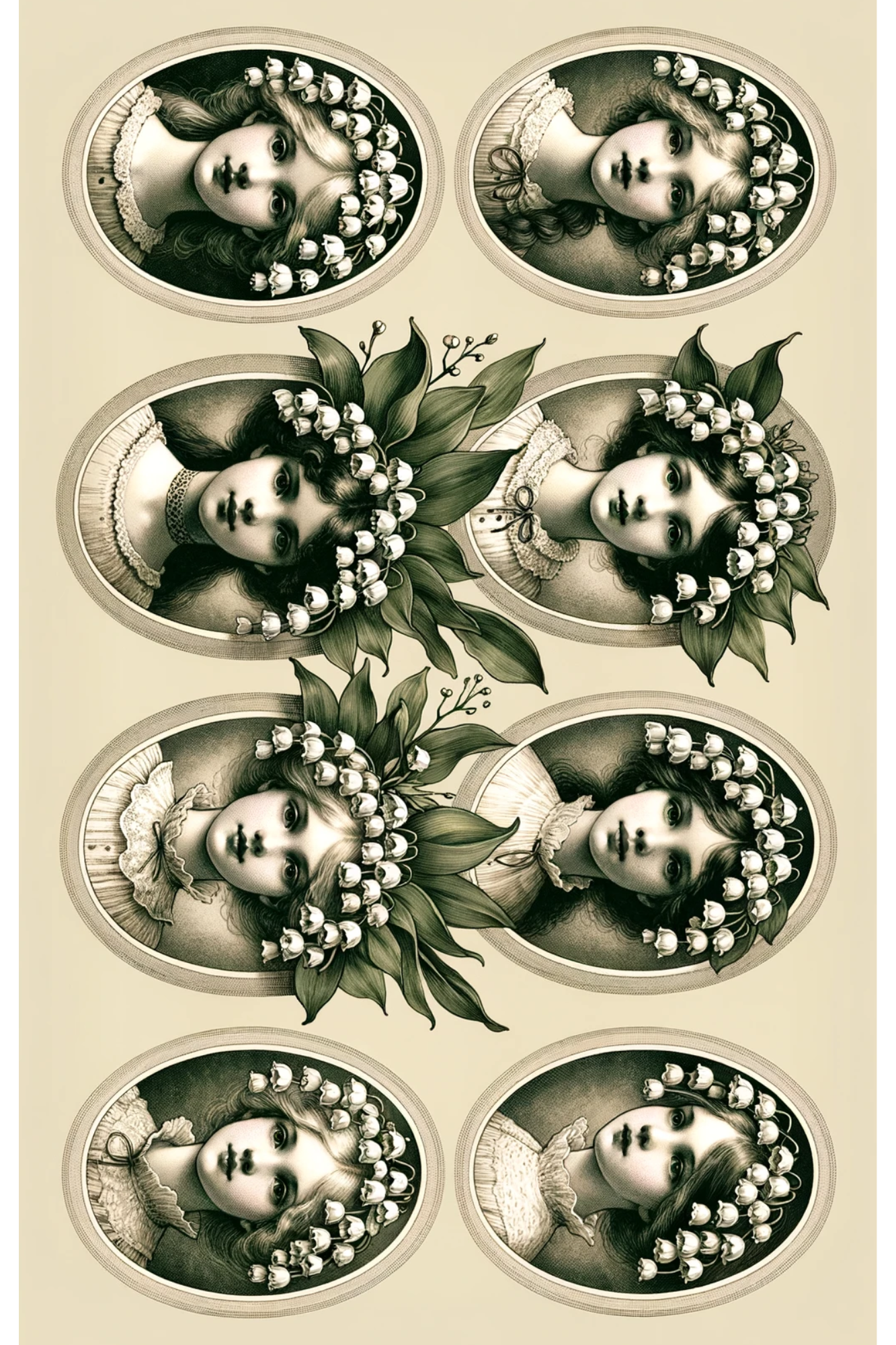 Sticker Sheet – Girls' heads in lilies of the valley, oval, full, Cat. No. 126