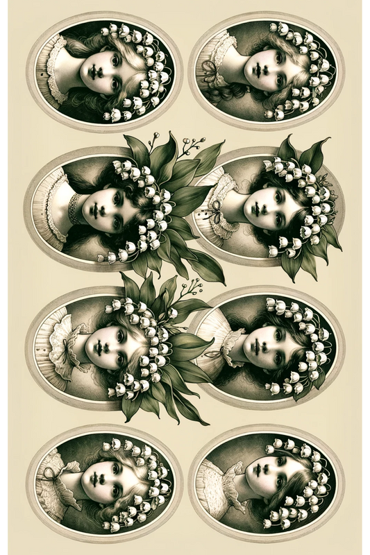 Sticker Sheet – Girls' heads in lilies of the valley, oval, full, Cat. No. 126