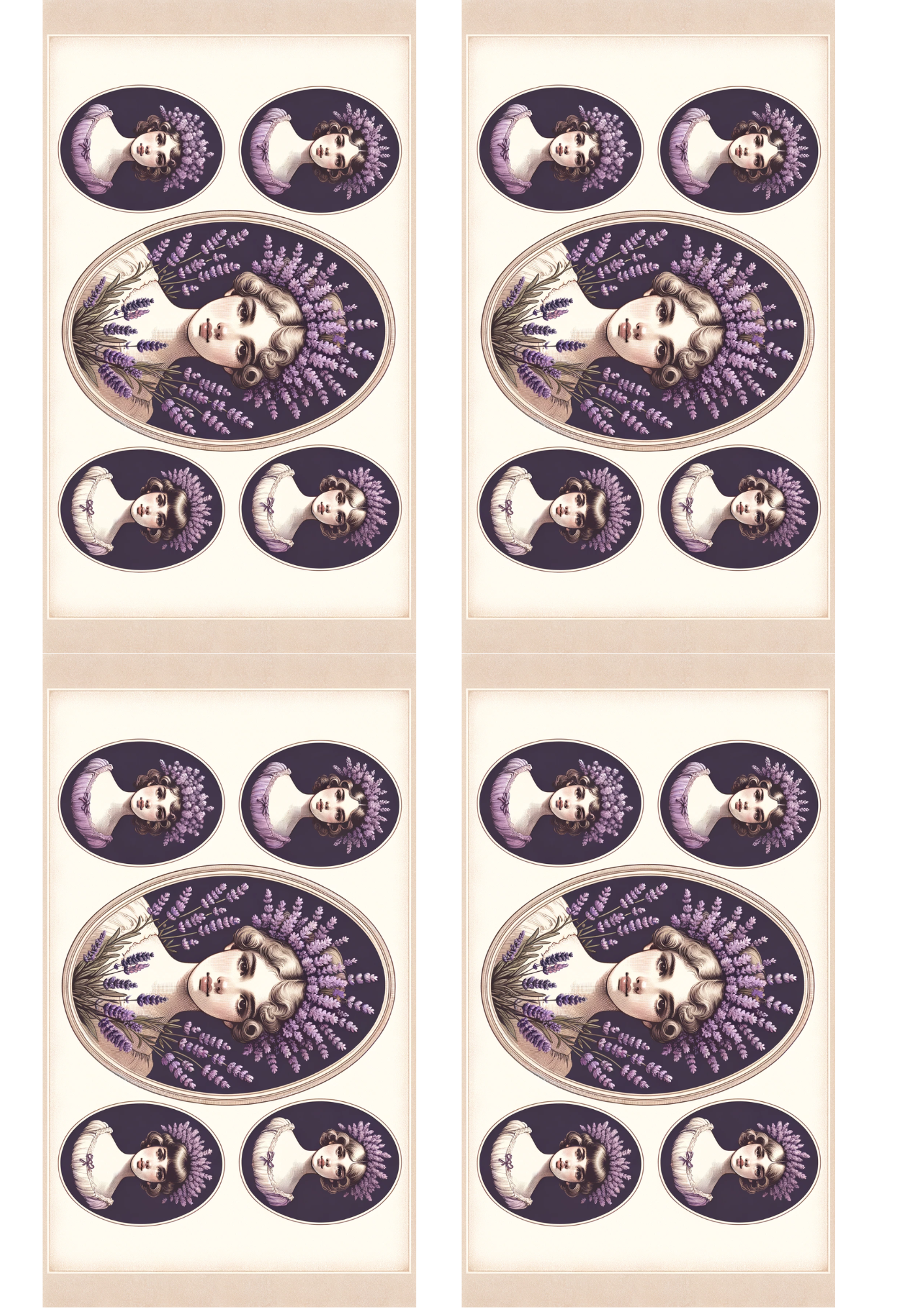 Sticker Sheet / Greeting Card – Girls' Heads Lavender Oval Collage Cat. No. 127