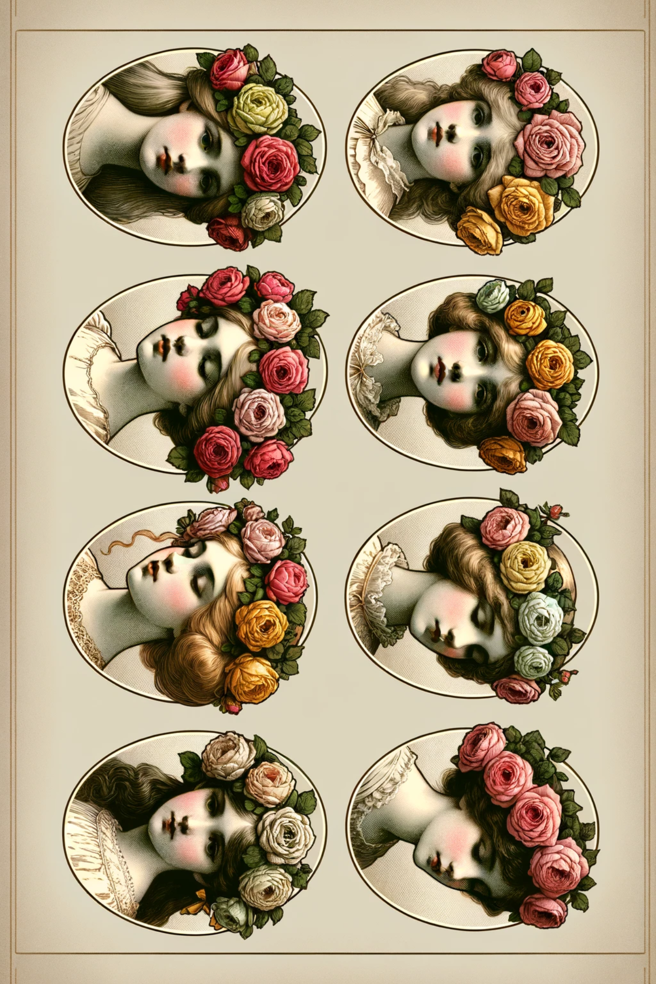 Sticker Sheet / Greeting Card – Heads in Roses, Oval Full, Cat. No. 3079