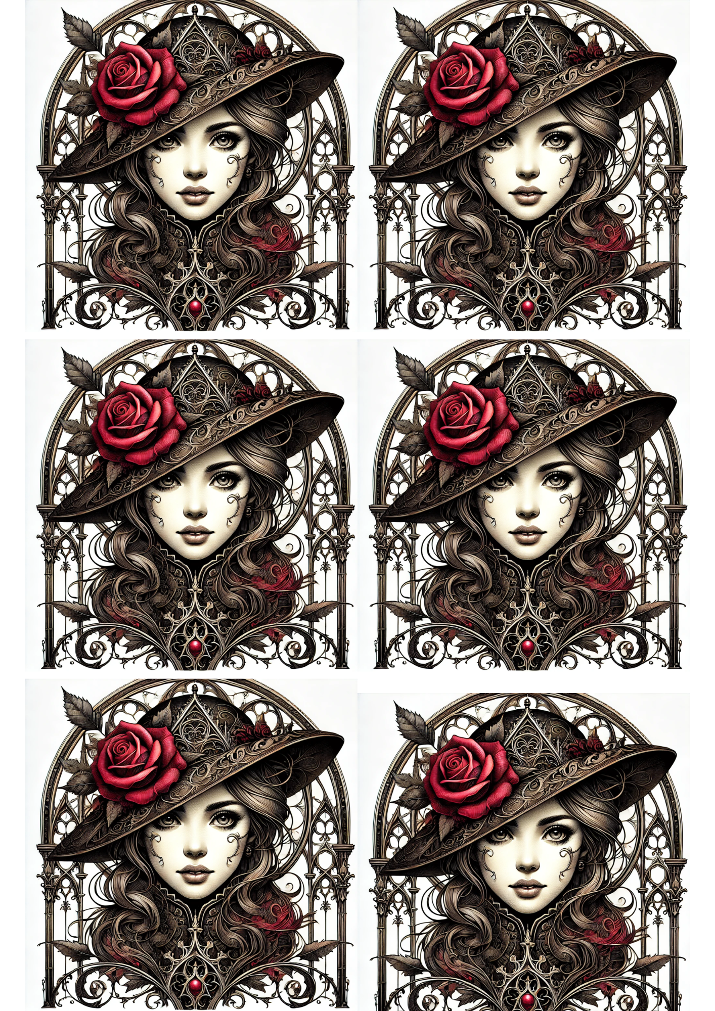 Sticker Sheet / Greeting Card – Woman With Rose Gothic Style Collage Cat. No. 1940