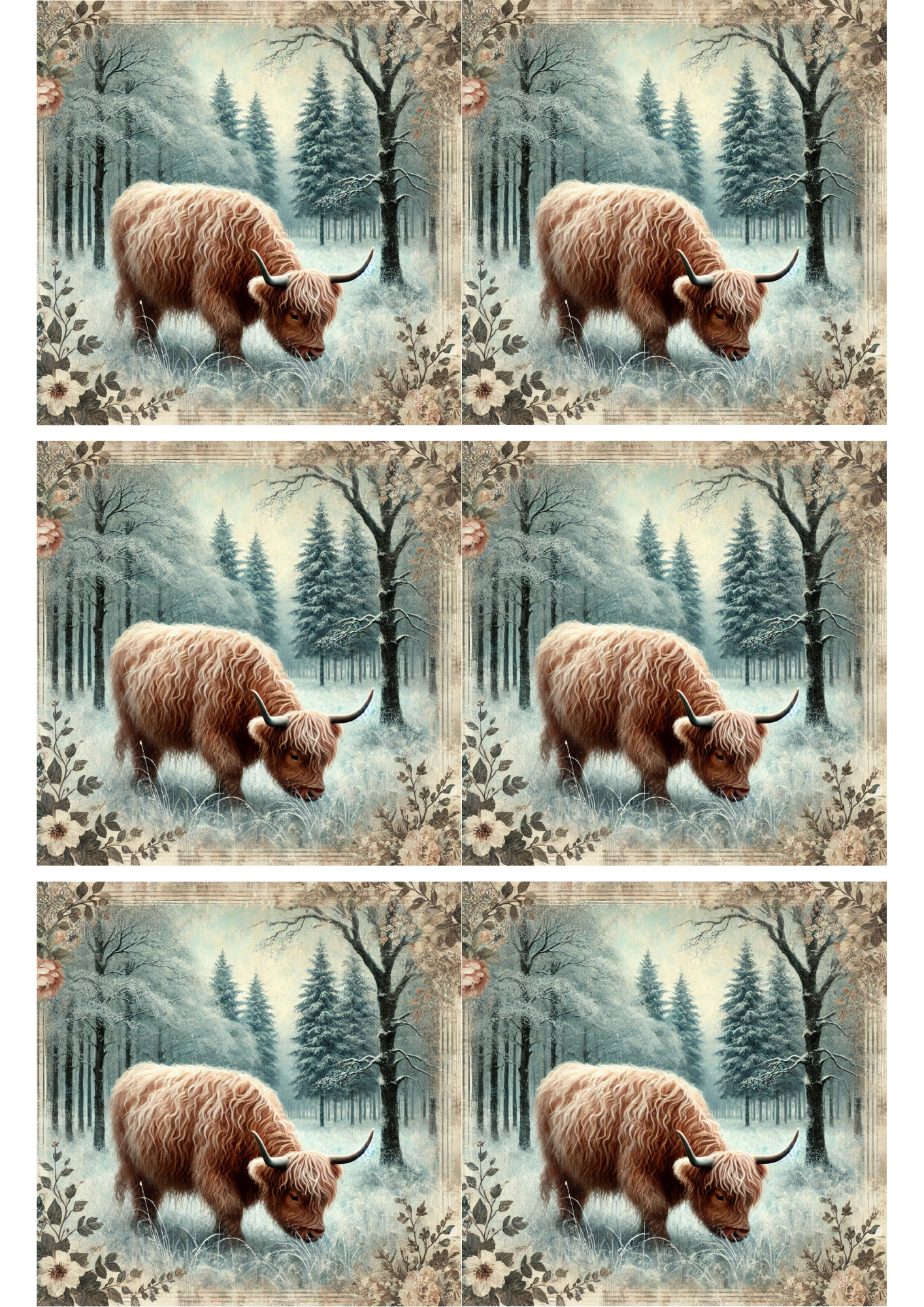 Sticker Sheet / Greeting Card – Highland Cow in Winter Collage Cat. No. 2833