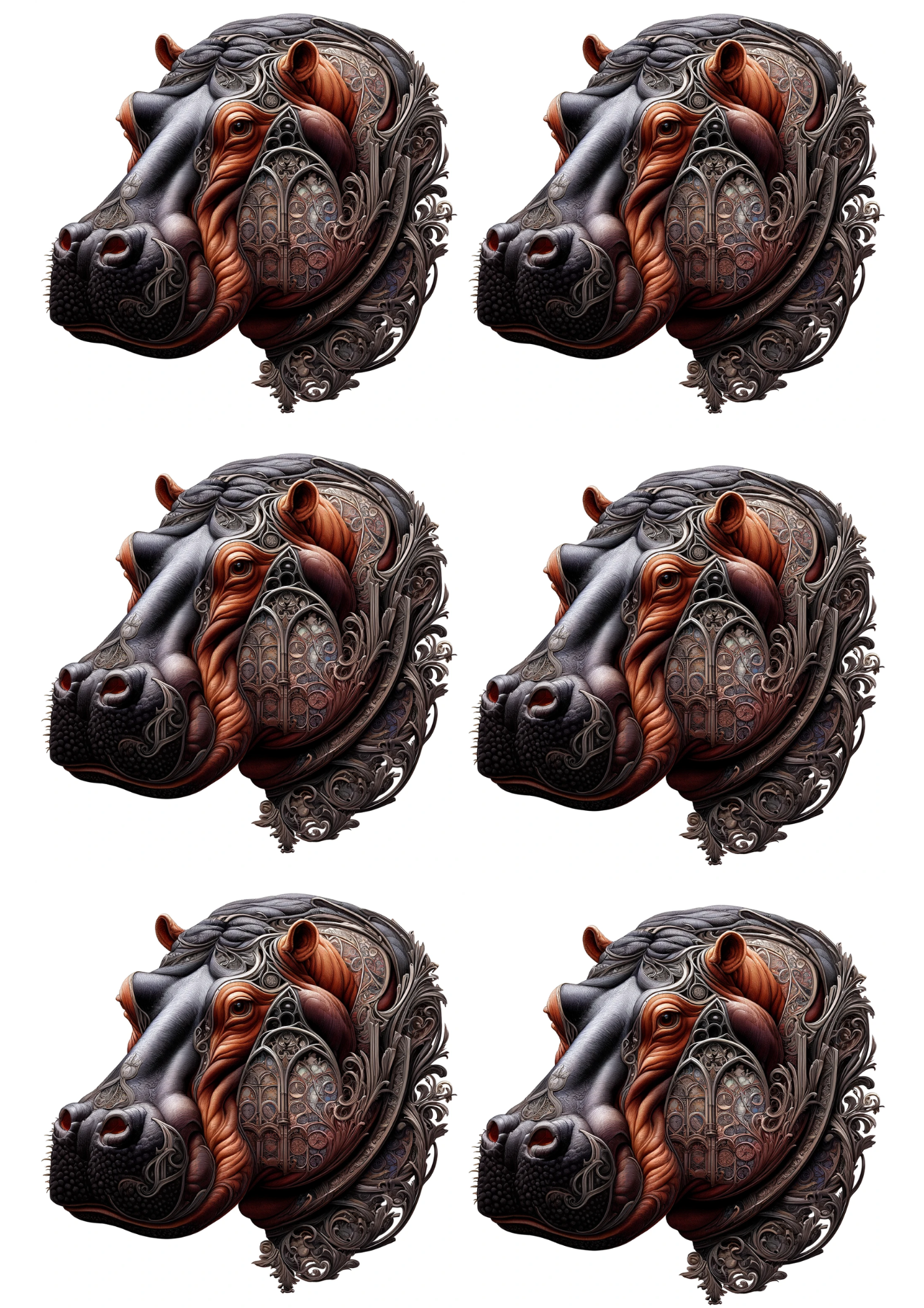 Sticker Sheet / Greeting Card – Hippopotamus In Gothic Style Collage Cat. No. 1956