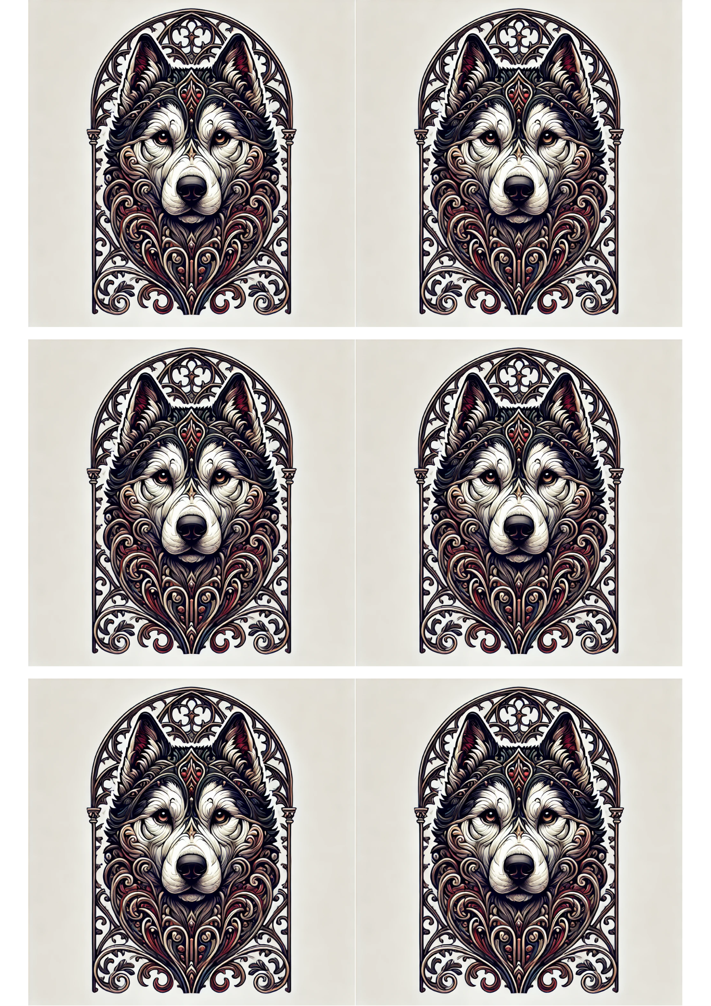 Sticker Sheet / Greeting Card – Huskey In Gothic Style Collage Cat. No. 1958