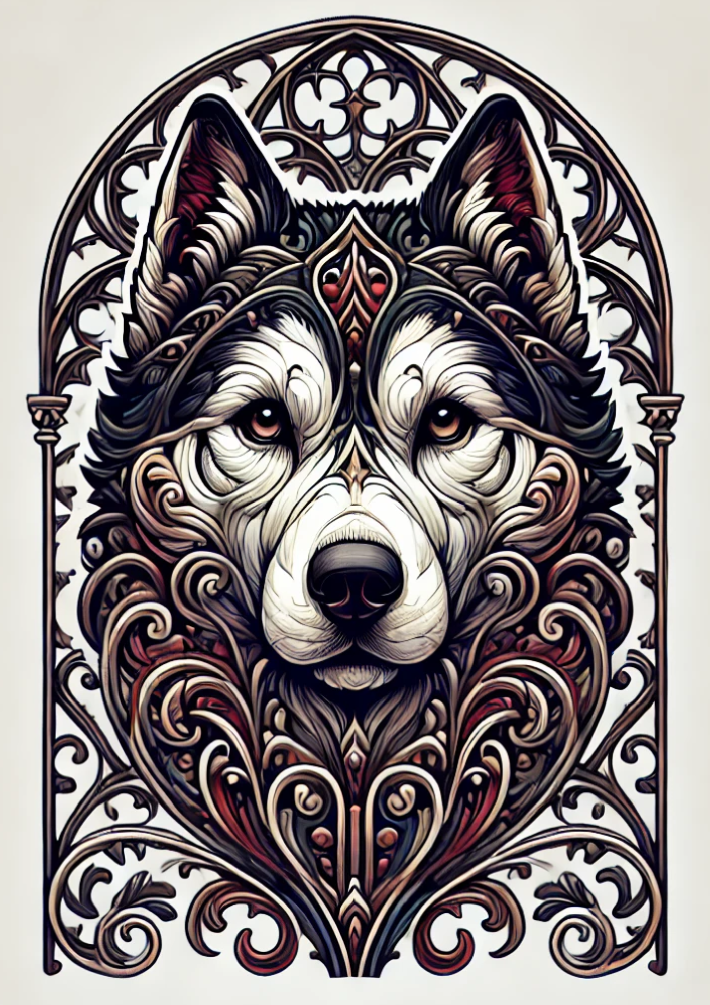 Sticker Sheet / Greeting Card – Huskey In Gothic Style Full Cat. No. 1959