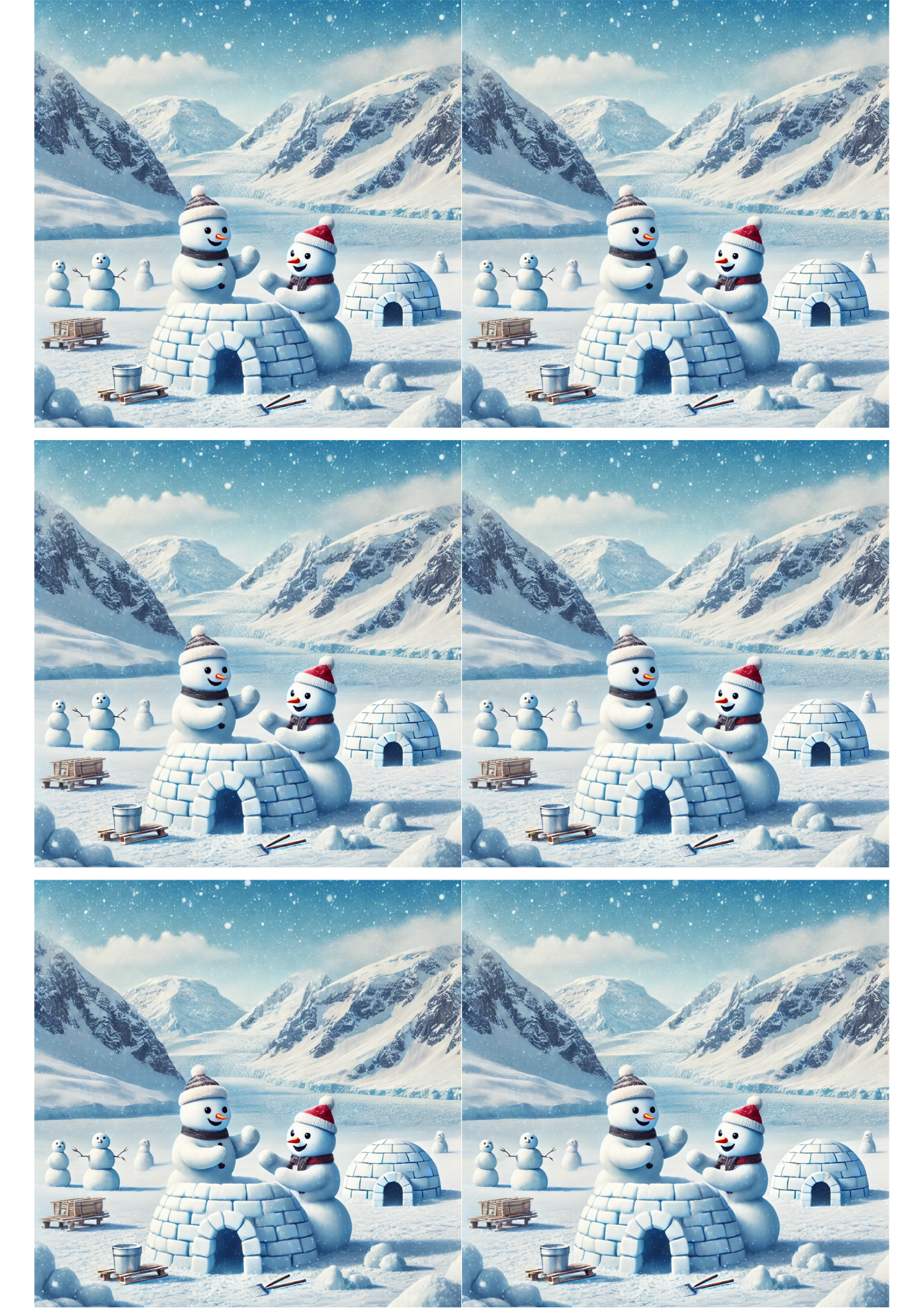 Sticker Sheet / Greeting Card – Snowmen Build An Igloo Collage Cat. No. 1960