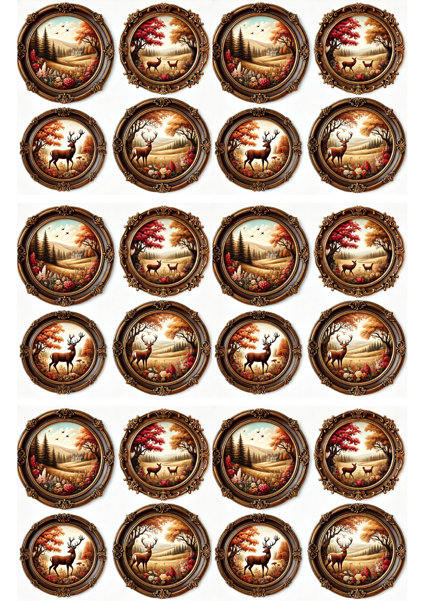 Sticker Sheet / Greeting Card – Deer In Round Frames Collage Cat. No. 3013