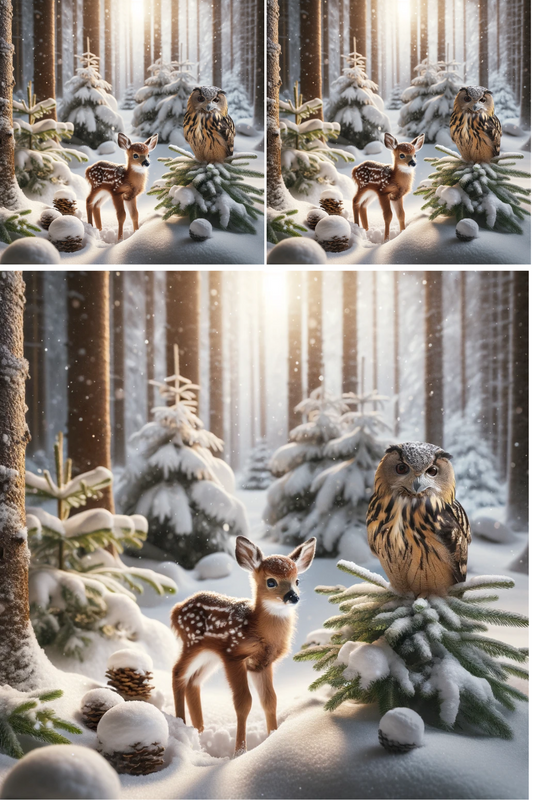 Sticker Sheet Deer and Eagle Owl in the Forest in Winter Collage Cat. No. 565