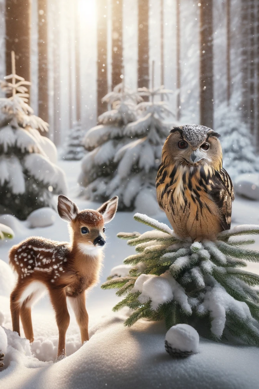 Sticker Sheet Deer and Eagle Owl in the Forest in Winter Full Cat. No. 566