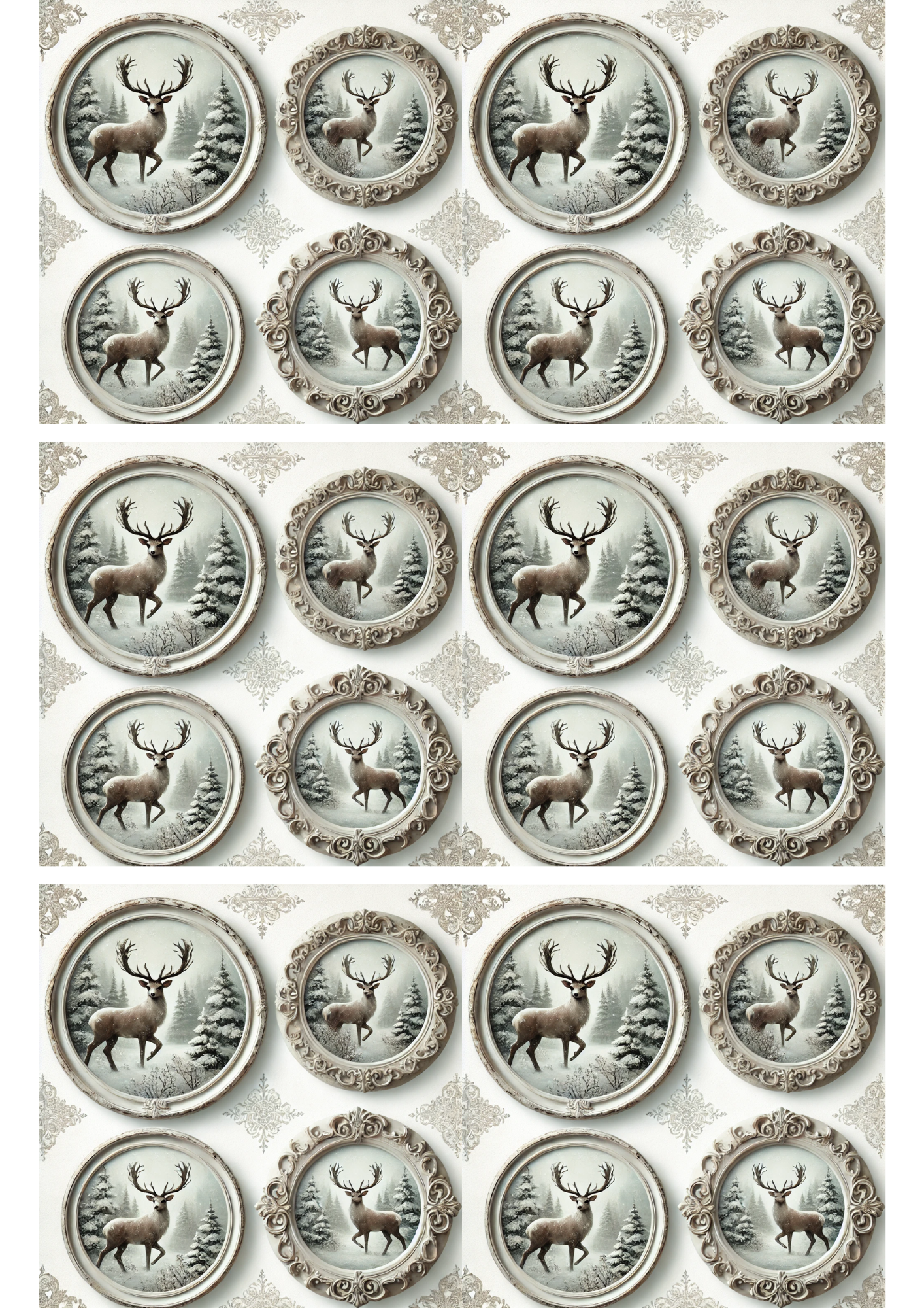Sticker Sheet / Greeting Card – Deer In Winter Time In Round Frame Collage Cat. No. 3015