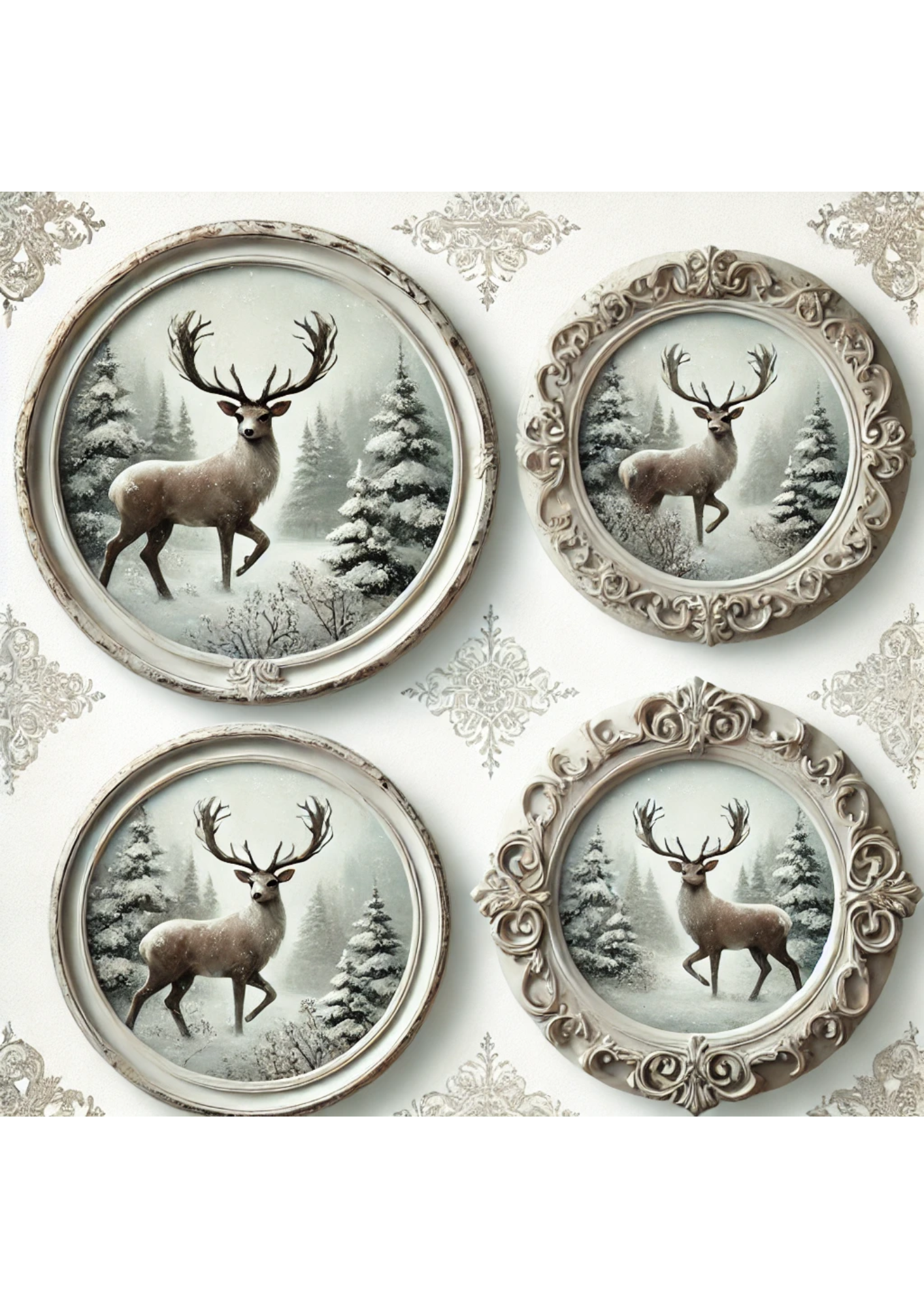 Sticker Sheet / Greeting Card – Deer In Winter Time In Round Frame Full Cat. No. 3016