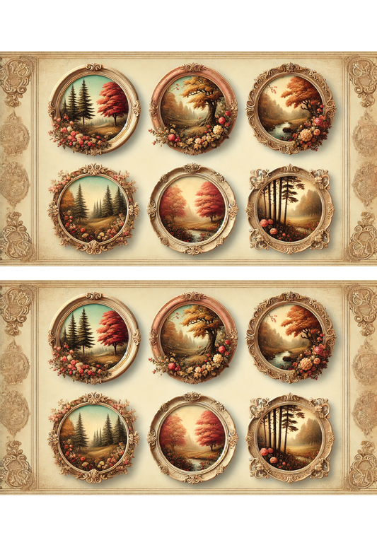 Sticker Sheet – Autumn Landscapes In Round Frame Shabby Chic Collage Cat. No. 3017
