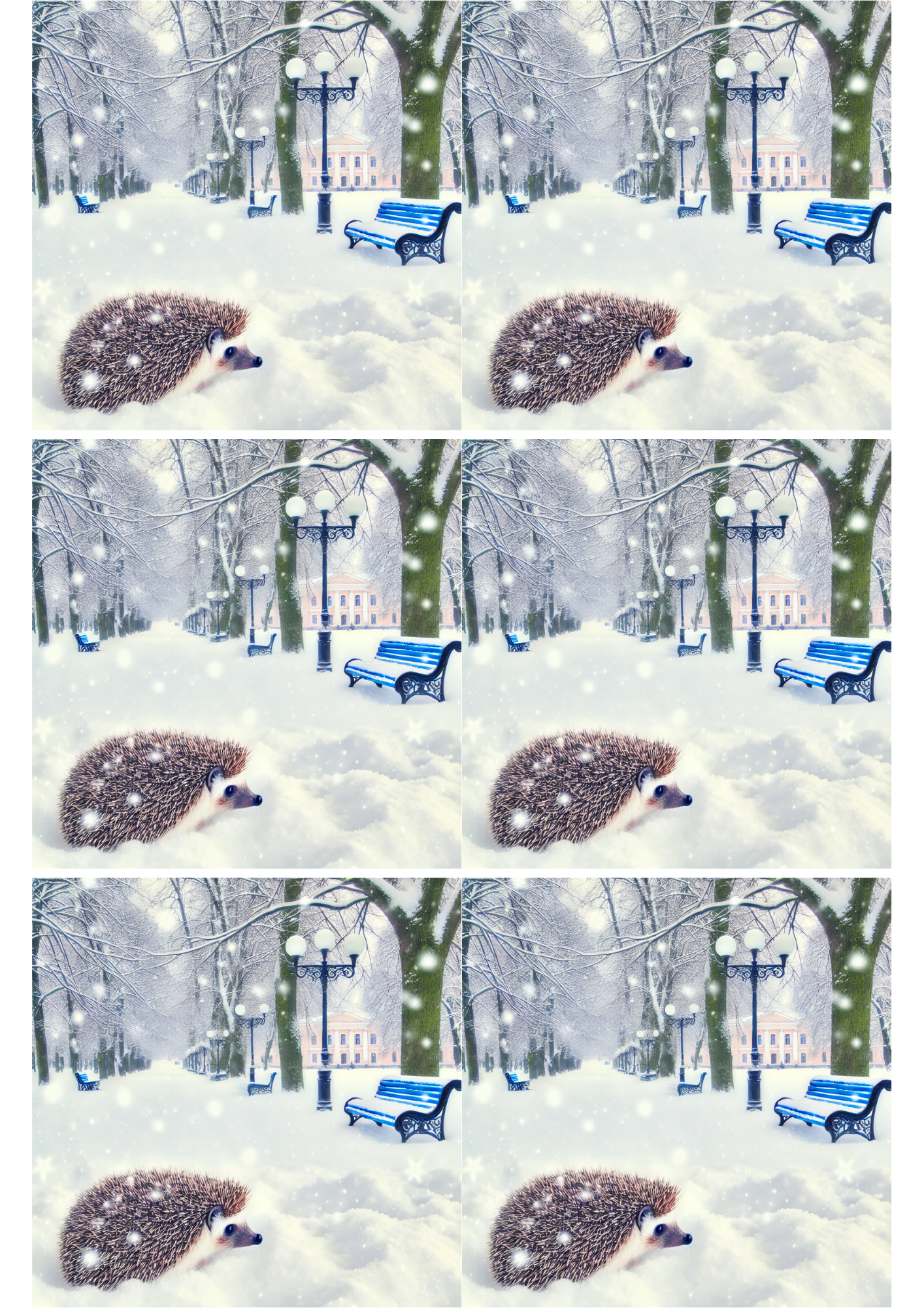 Sticker Sheet / Greeting Card – Hedgehog In The Park In Winter 2 Collage Cat. No. 1974