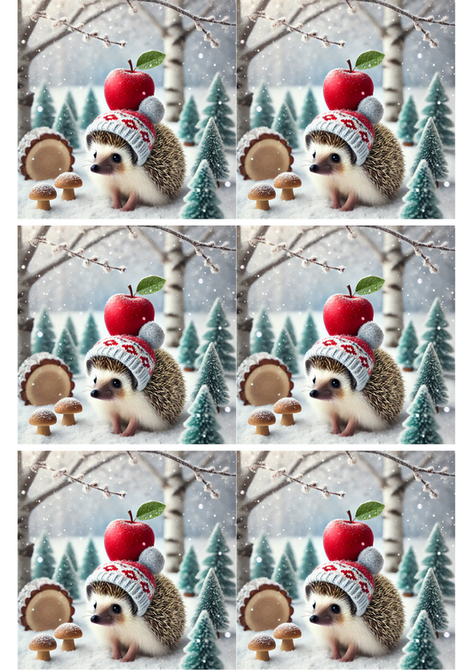 Klistremerkeark Pinnsvin i julehatt med eplekollasje Kat. nr. 1986